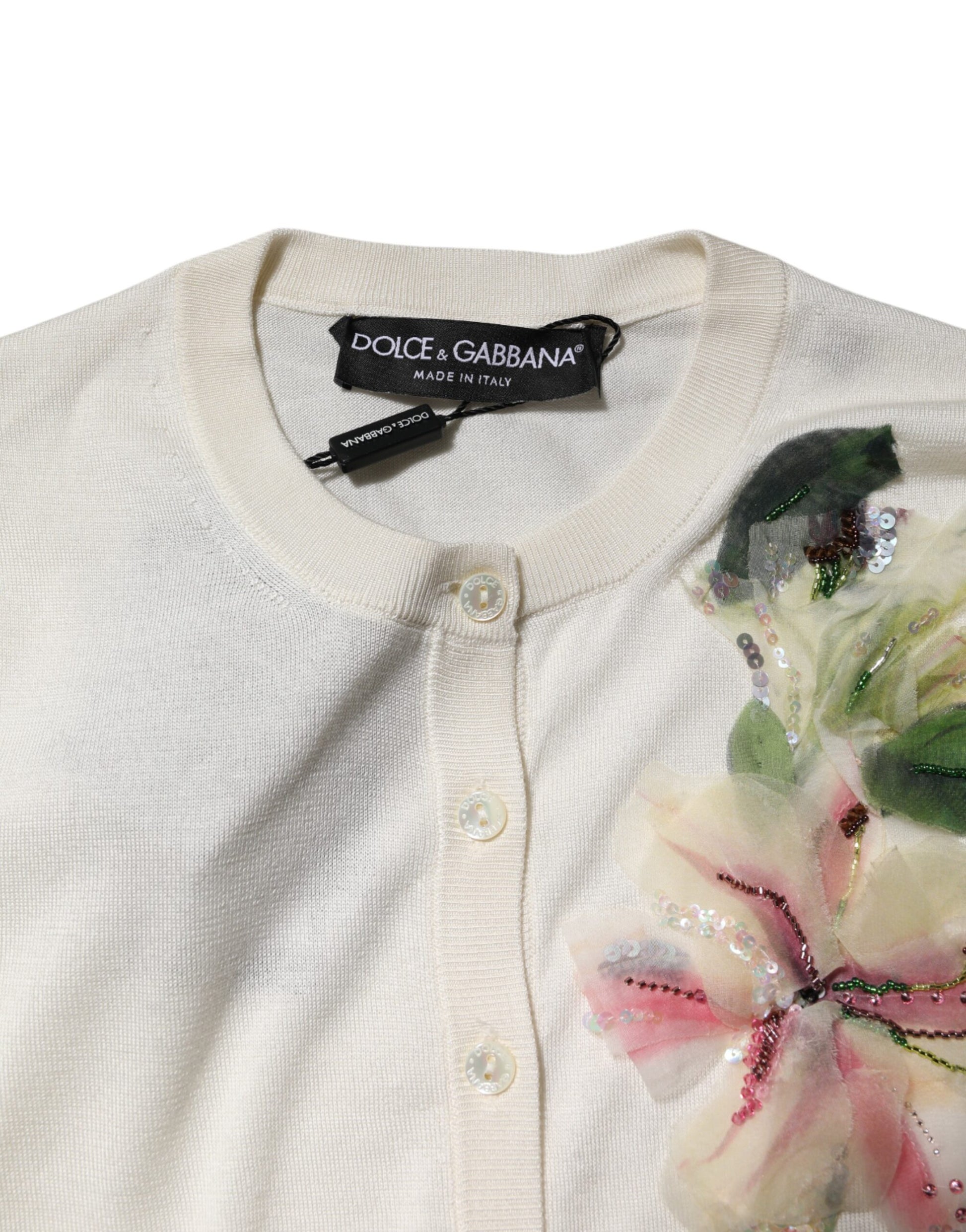 Cardigan pull en soie blanche orné de lys Dolce & Gabbana