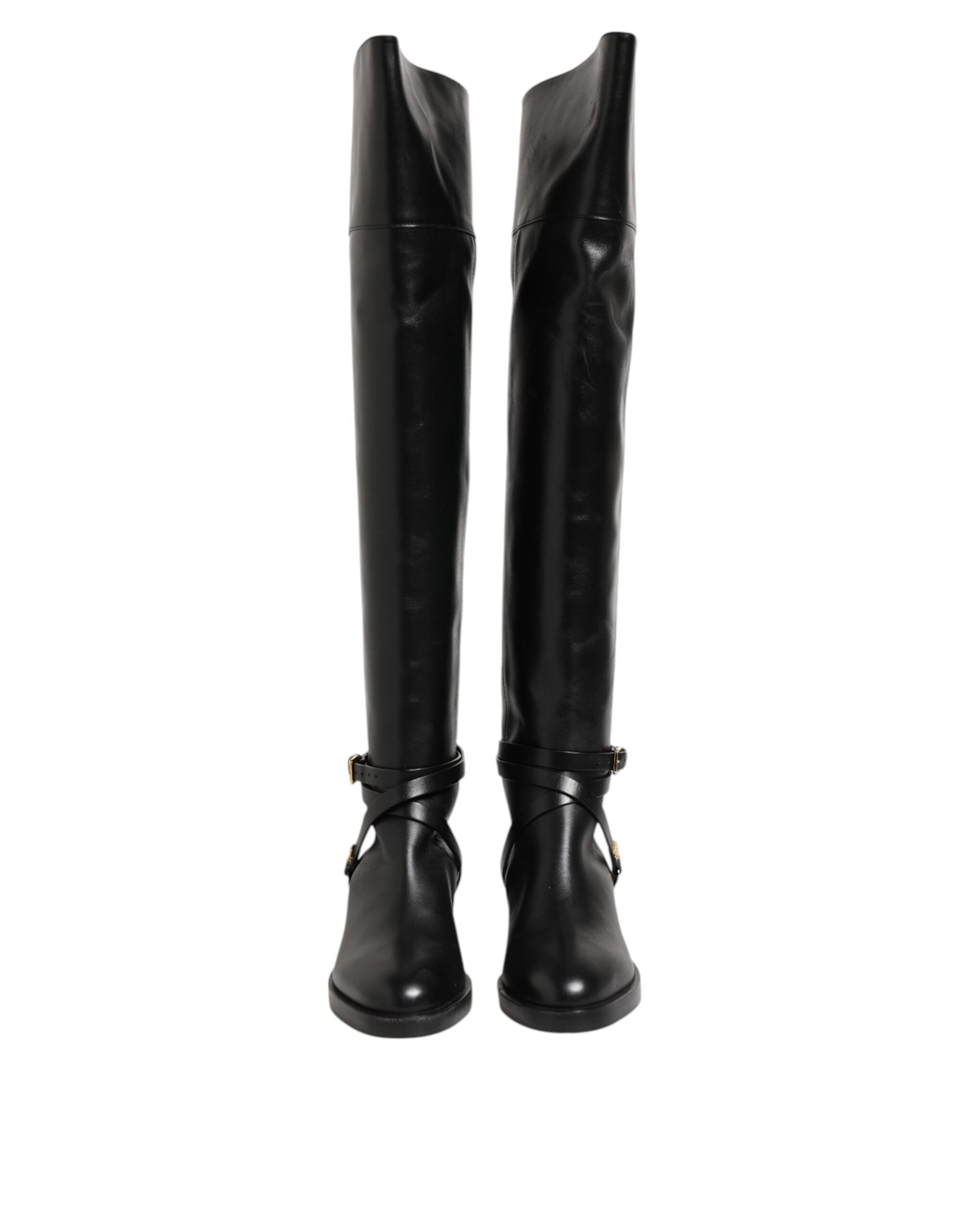 Bottes hautes à boucles en cuir noir Elisabetta Franchi
