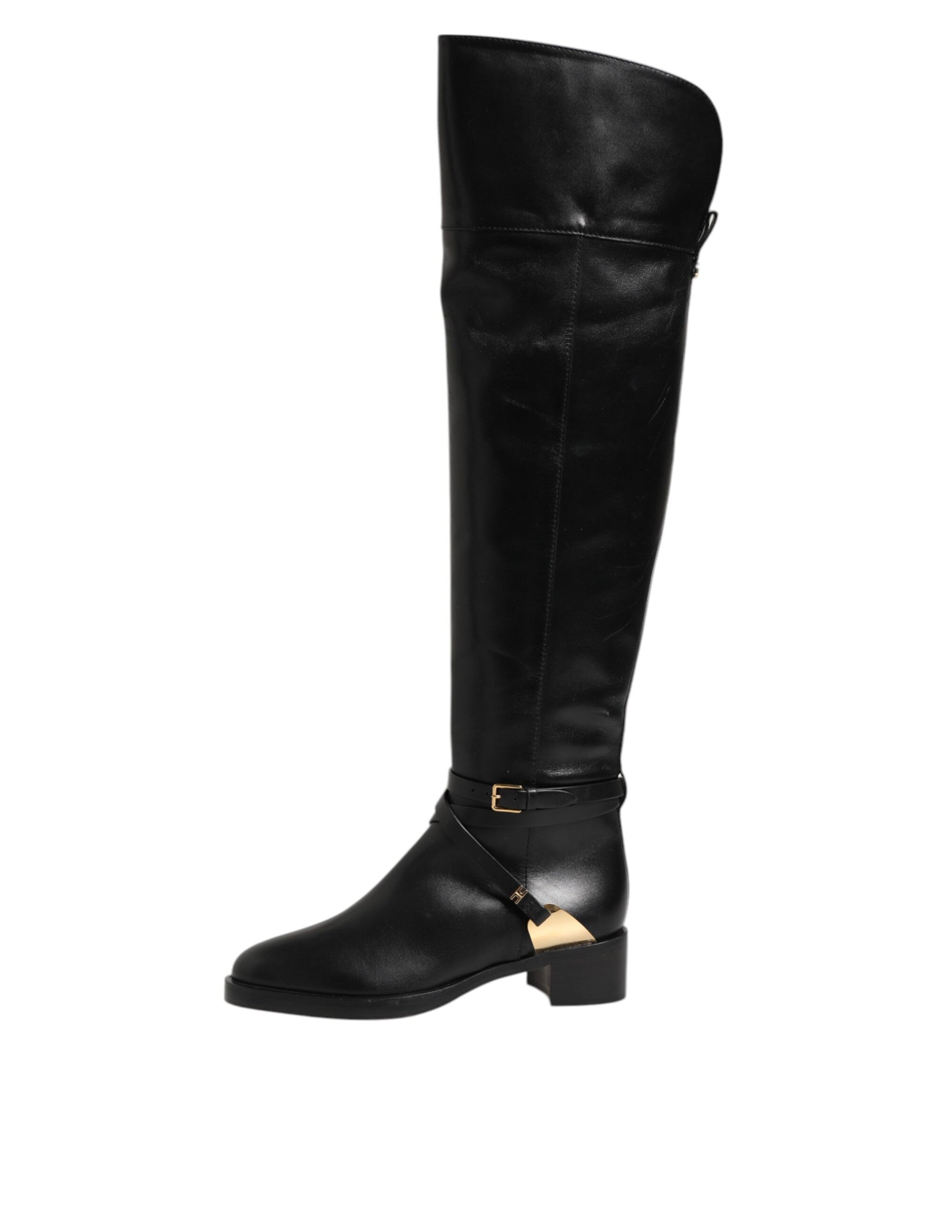 Bottes hautes à boucles en cuir noir Elisabetta Franchi