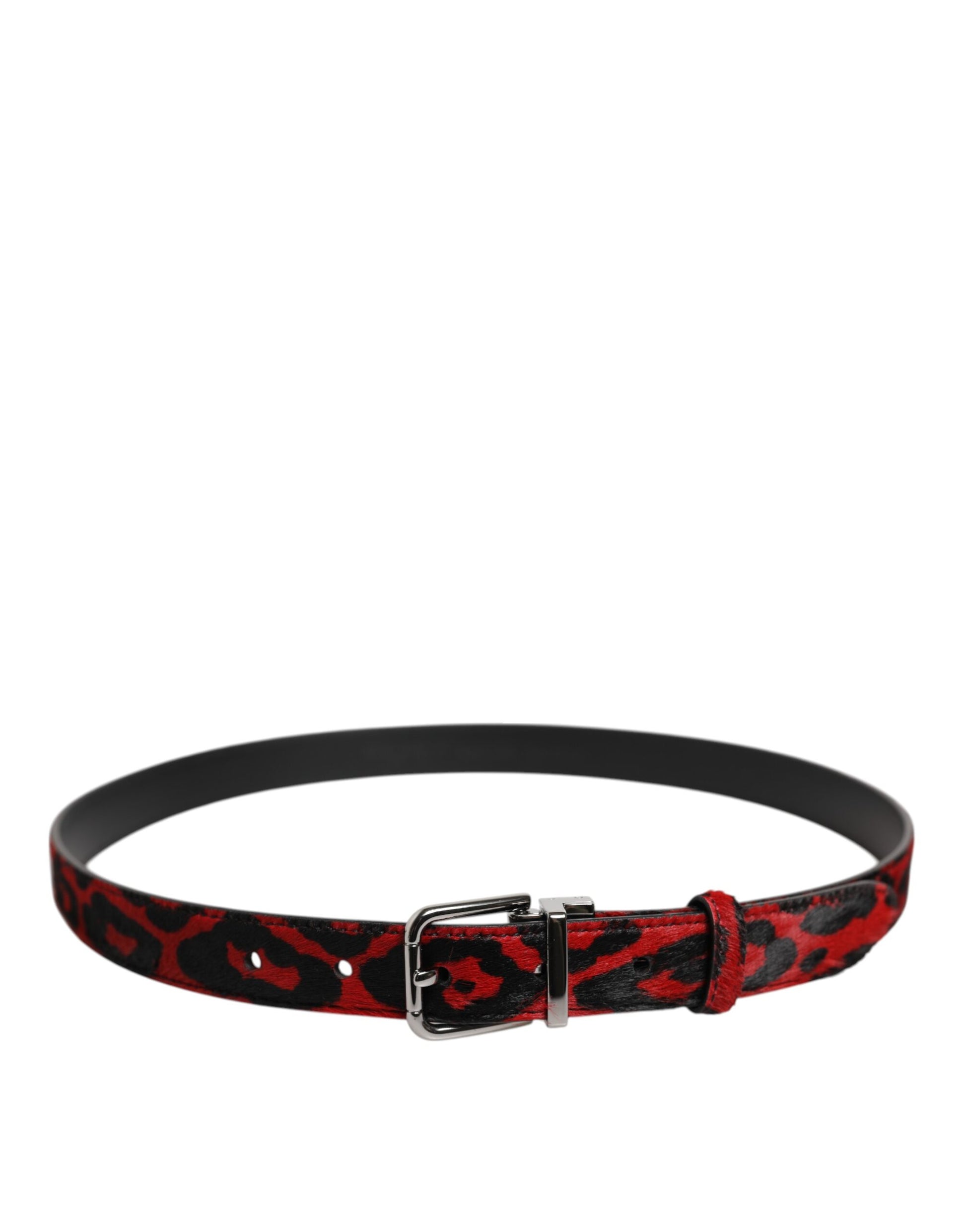 Dolce &amp; Gabbana Gürtel mit schwarzer und roter Leoparden-Metallschnalle und silberner Schnalle