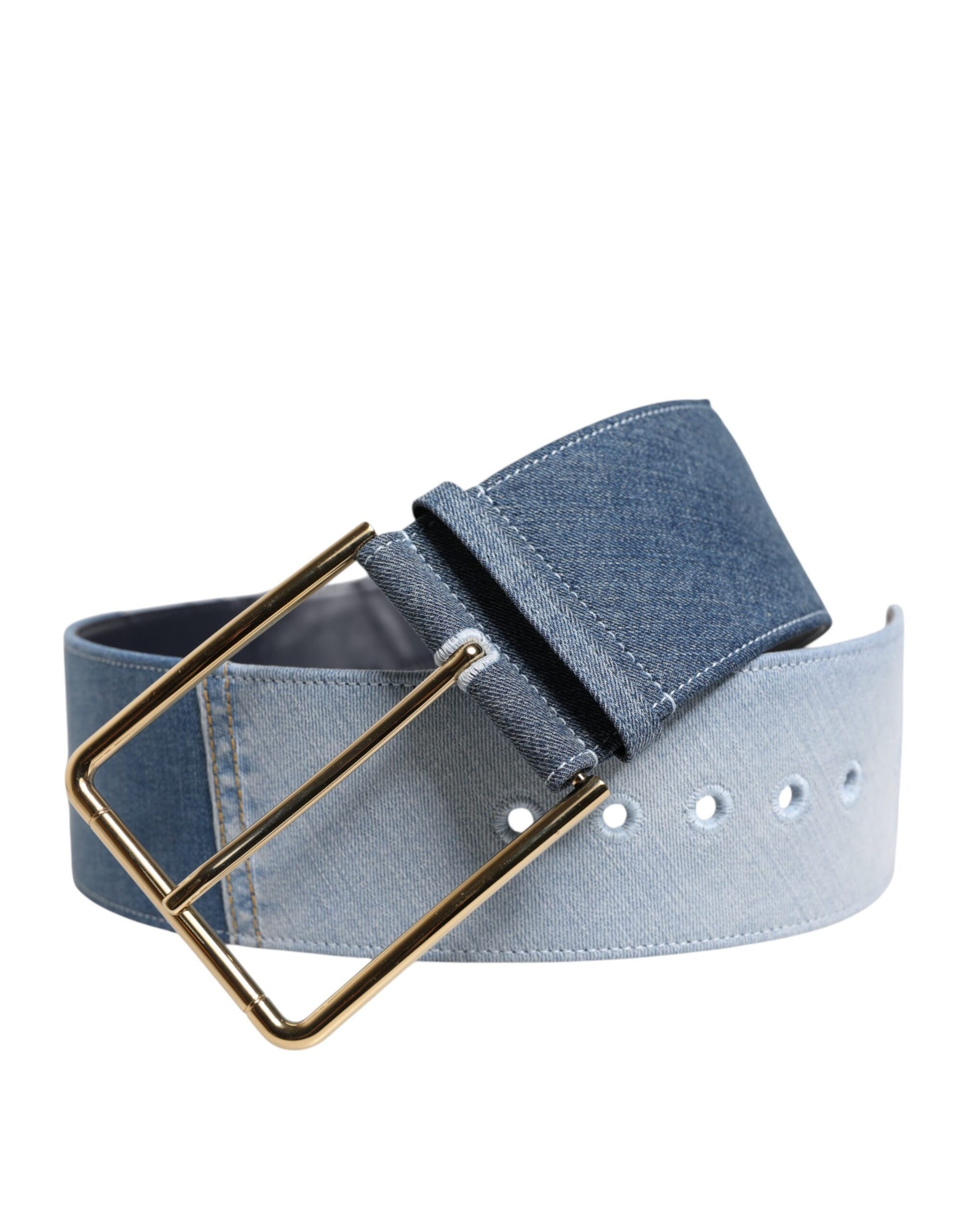 Dolce &amp; Gabbana – Zweifarbiger Gürtel aus blauem Denim mit goldener Metallschnalle