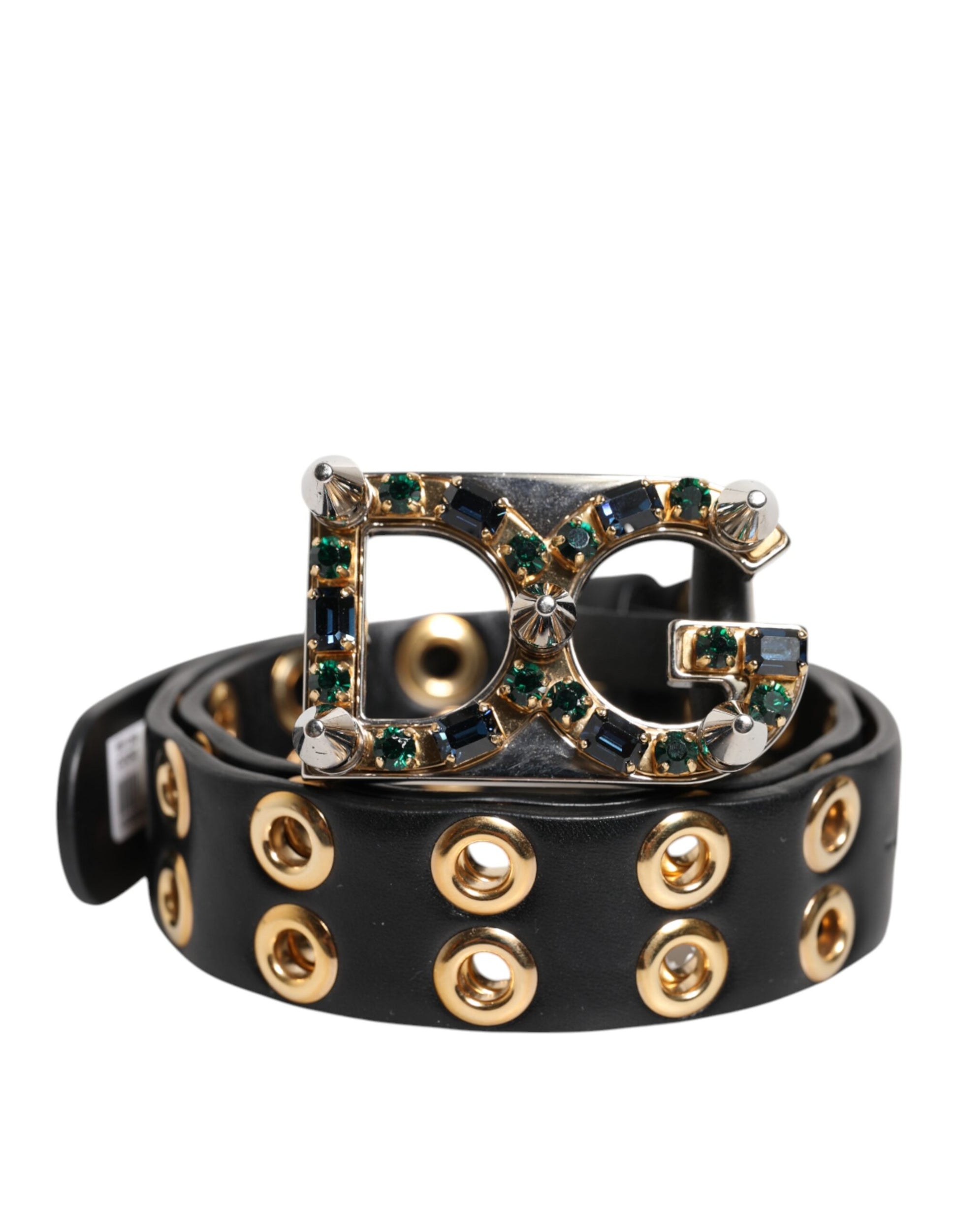 Dolce &amp; Gabbana – Schwarzer Ledergürtel mit Ösen und Kristall-DG-Schnalle