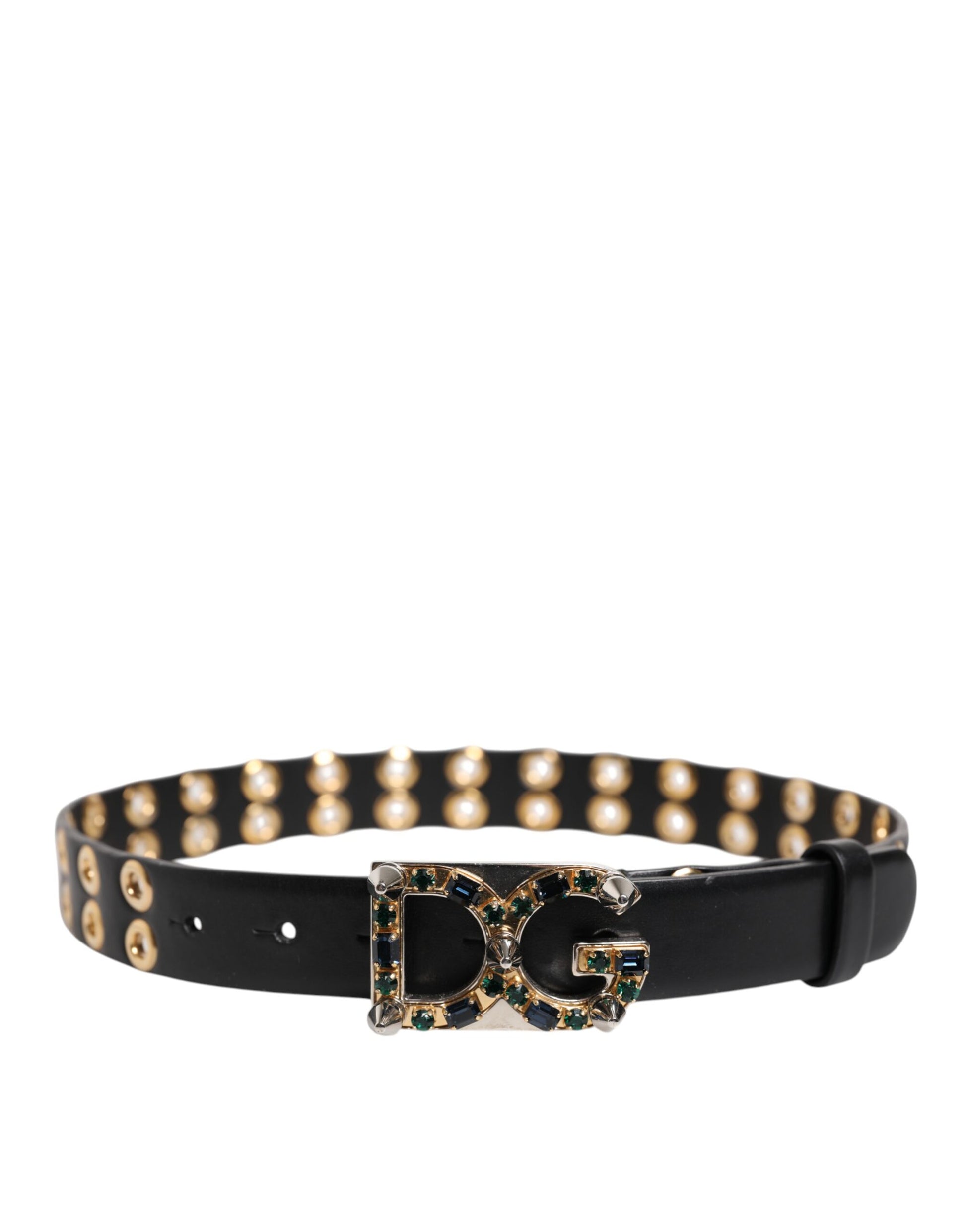 Dolce &amp; Gabbana – Schwarzer Ledergürtel mit Ösen und Kristall-DG-Schnalle
