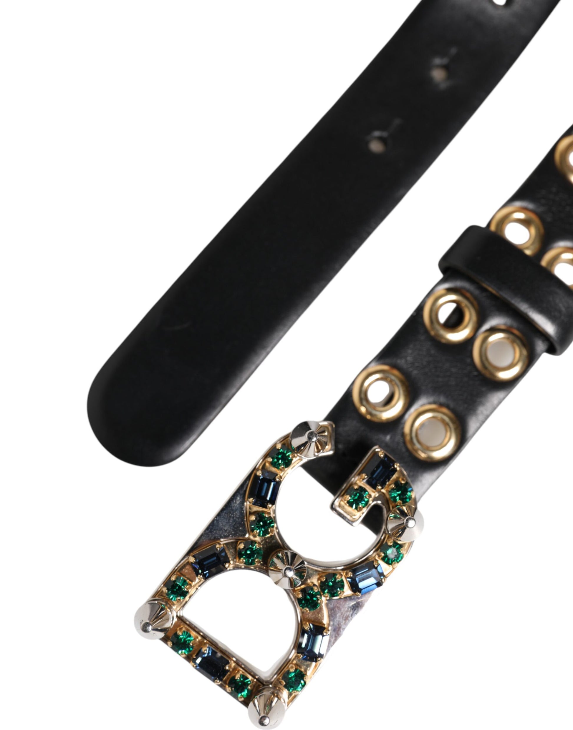 Dolce &amp; Gabbana – Schwarzer Ledergürtel mit Ösen und Kristall-DG-Schnalle
