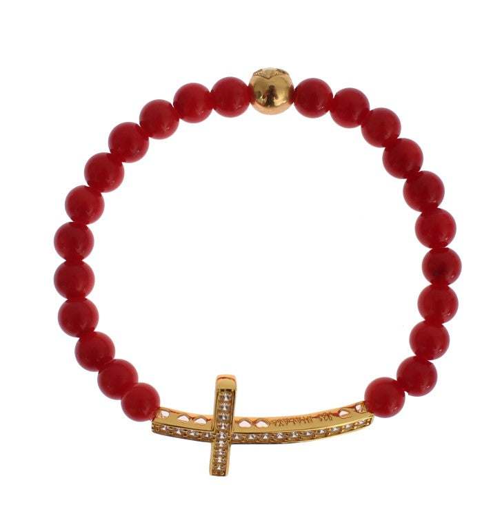 Bracelet Nialaya en argent 925 avec corail rouge, or et croix en zircone cubique