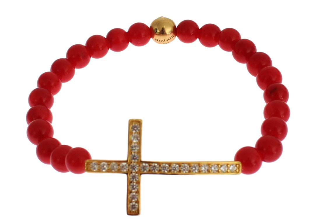 Bracelet Nialaya en argent 925 avec corail rouge, or et croix en zircone cubique