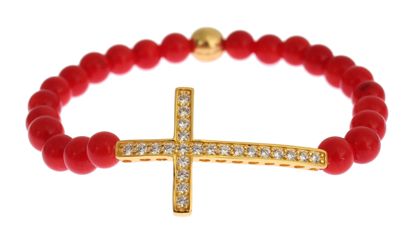 Bracelet Nialaya en argent 925 avec corail rouge, or et croix en zircone cubique