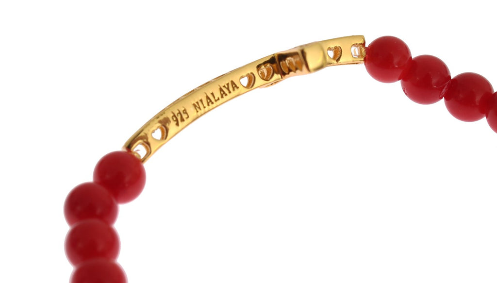 Bracelet Nialaya en argent 925 avec corail rouge, or et croix en zircone cubique