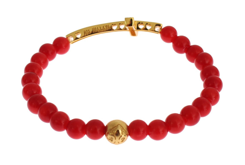 Bracelet Nialaya en argent 925 avec corail rouge, or et croix en zircone cubique