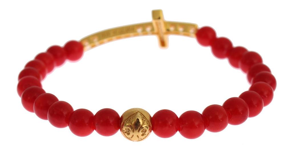 Bracelet Nialaya en argent 925 avec corail rouge, or et croix en zircone cubique
