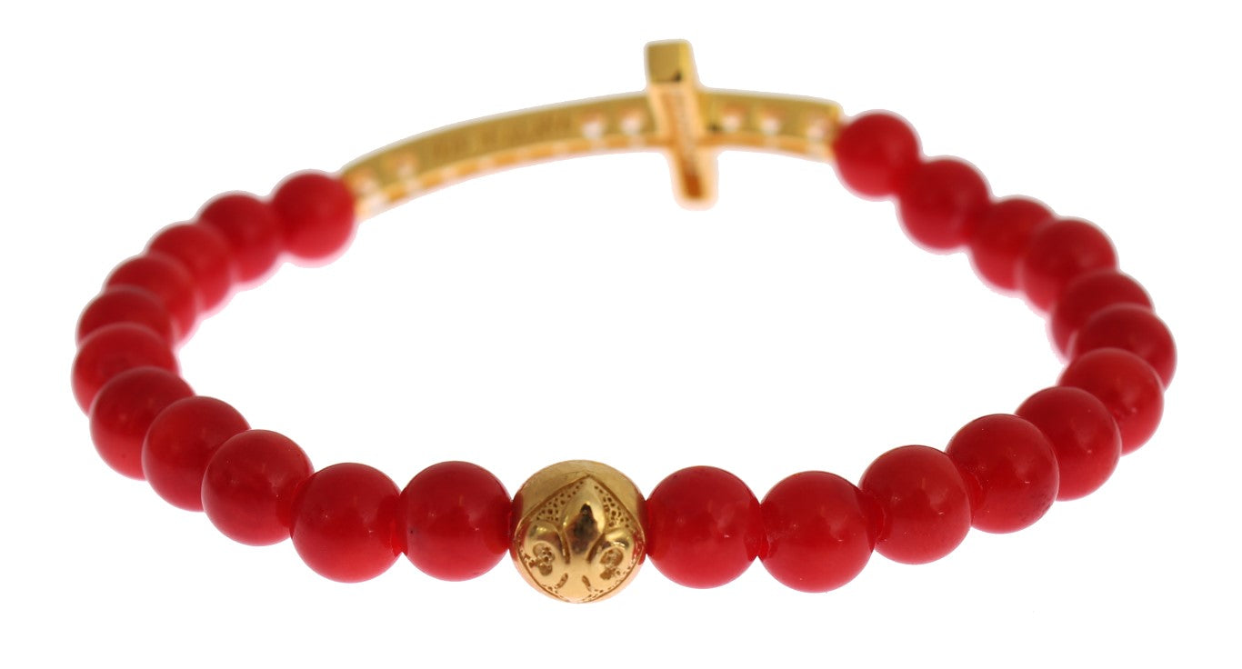 Bracelet Nialaya en argent 925 avec corail rouge, or et croix en zircone cubique