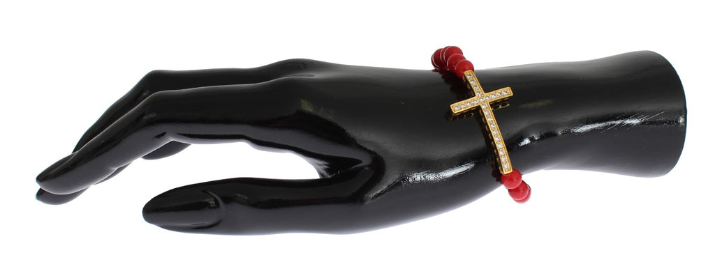 Bracelet Nialaya en argent 925 avec corail rouge, or et croix en zircone cubique
