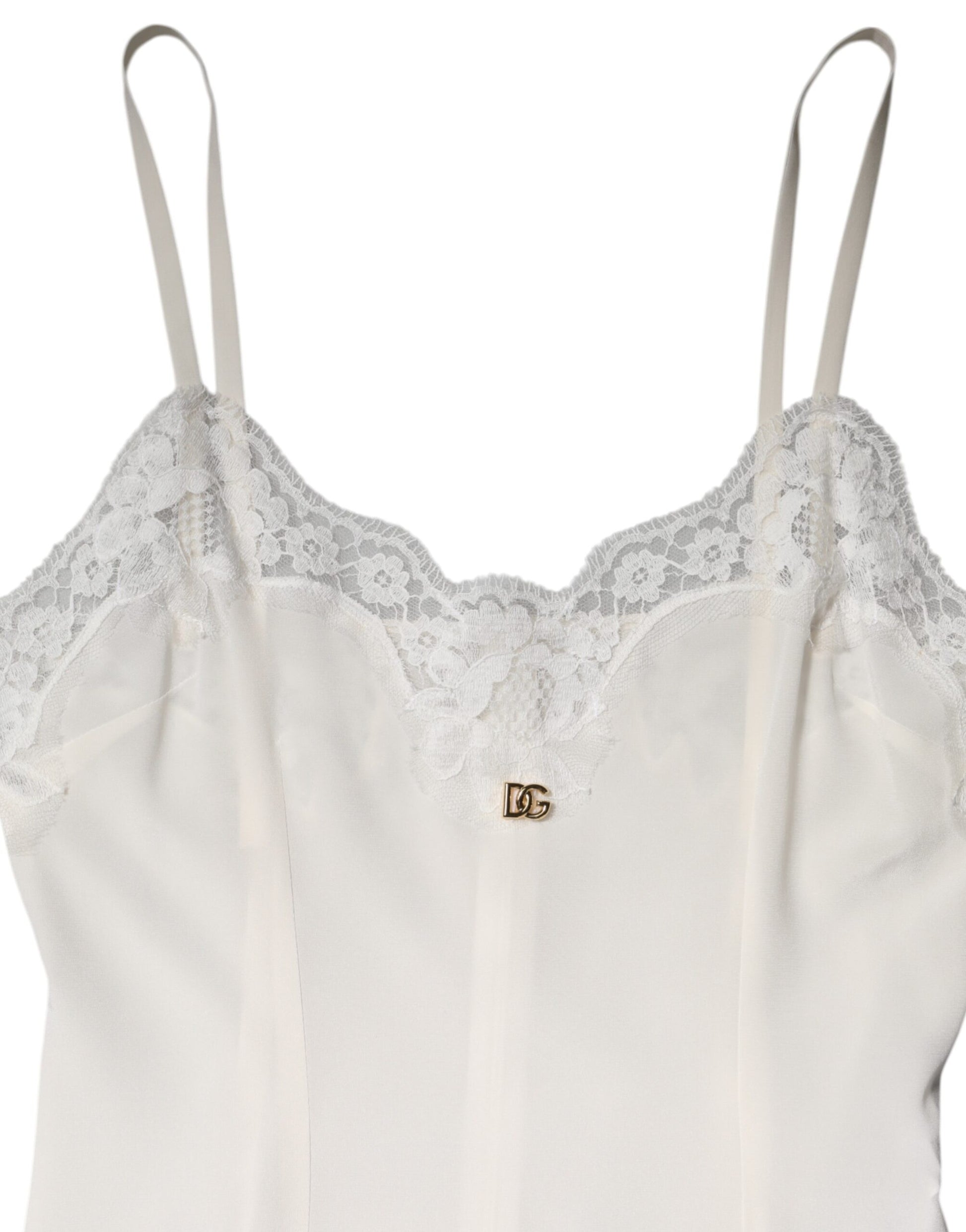 Dolce & Gabbana Robe de nuit en soie, dentelle blanche et logo DG doré