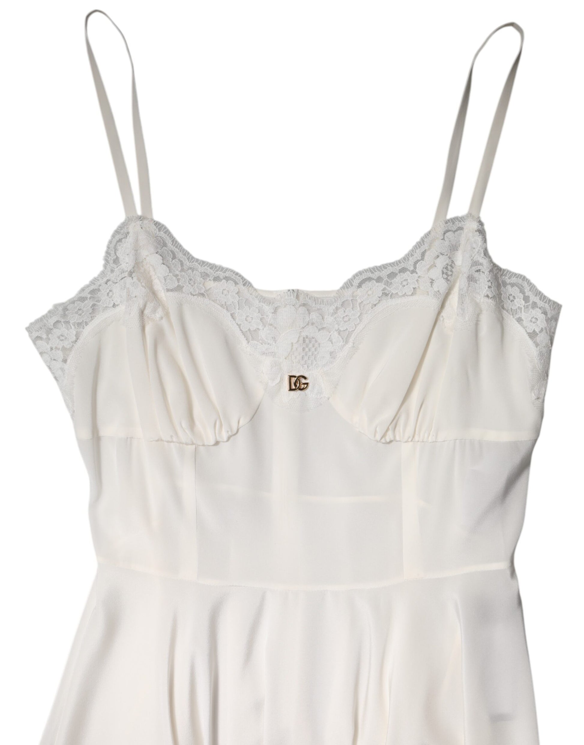 Dolce & Gabbana Robe de nuit en soie, dentelle blanche et logo DG doré