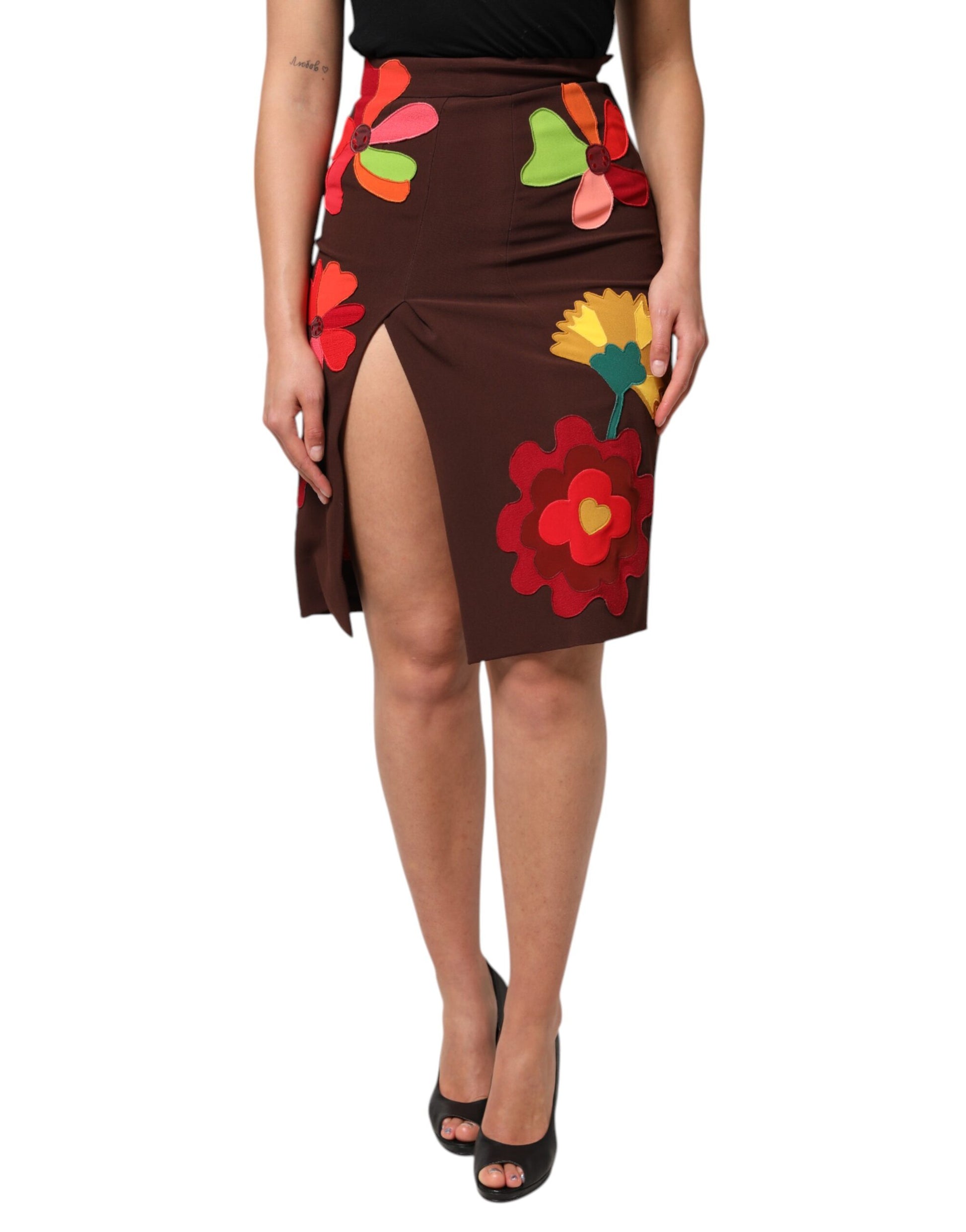 Jupe Dolce & Gabbana taille haute fendue sur le côté à motif floral marron