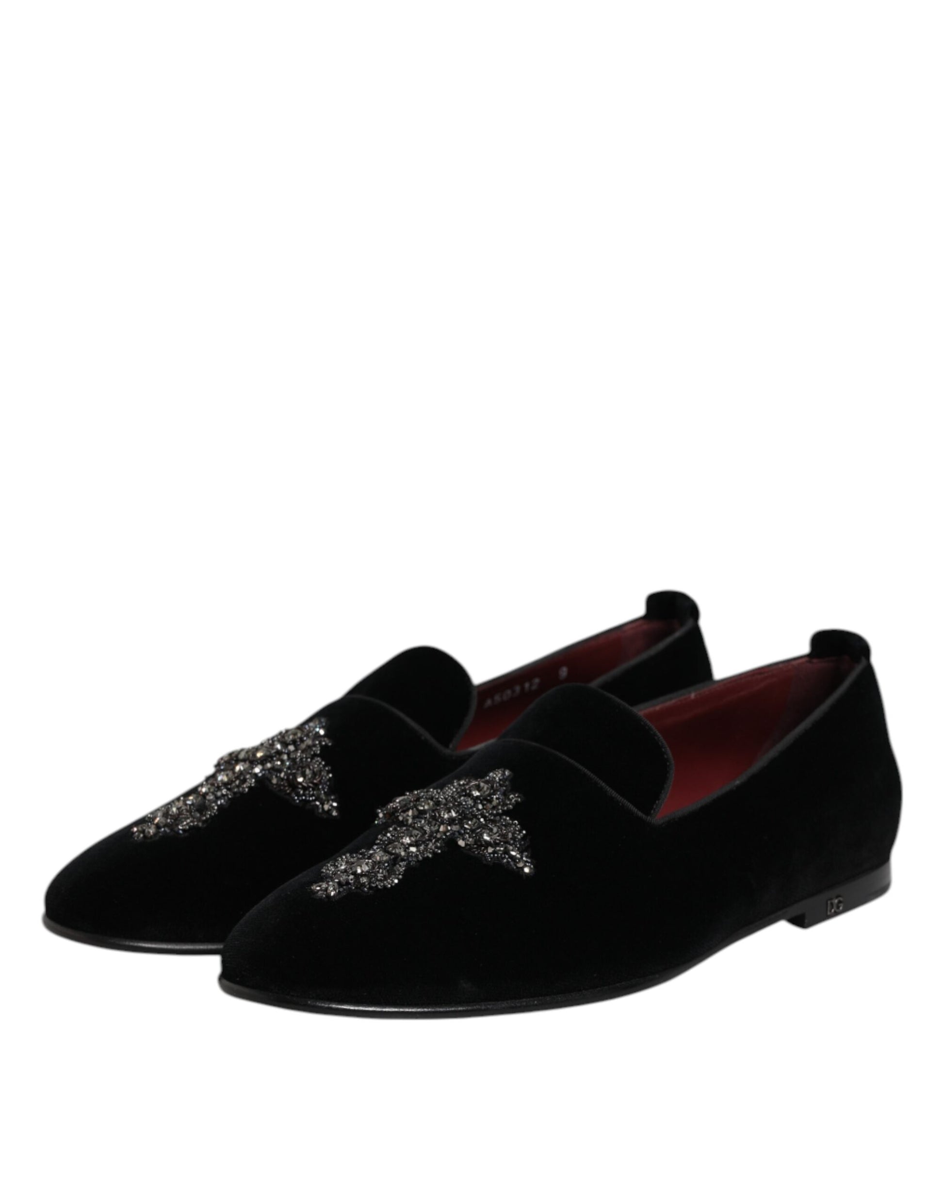 Chaussures Loafers Slip On Embellies en Velours Noir Dolce & Gabbana