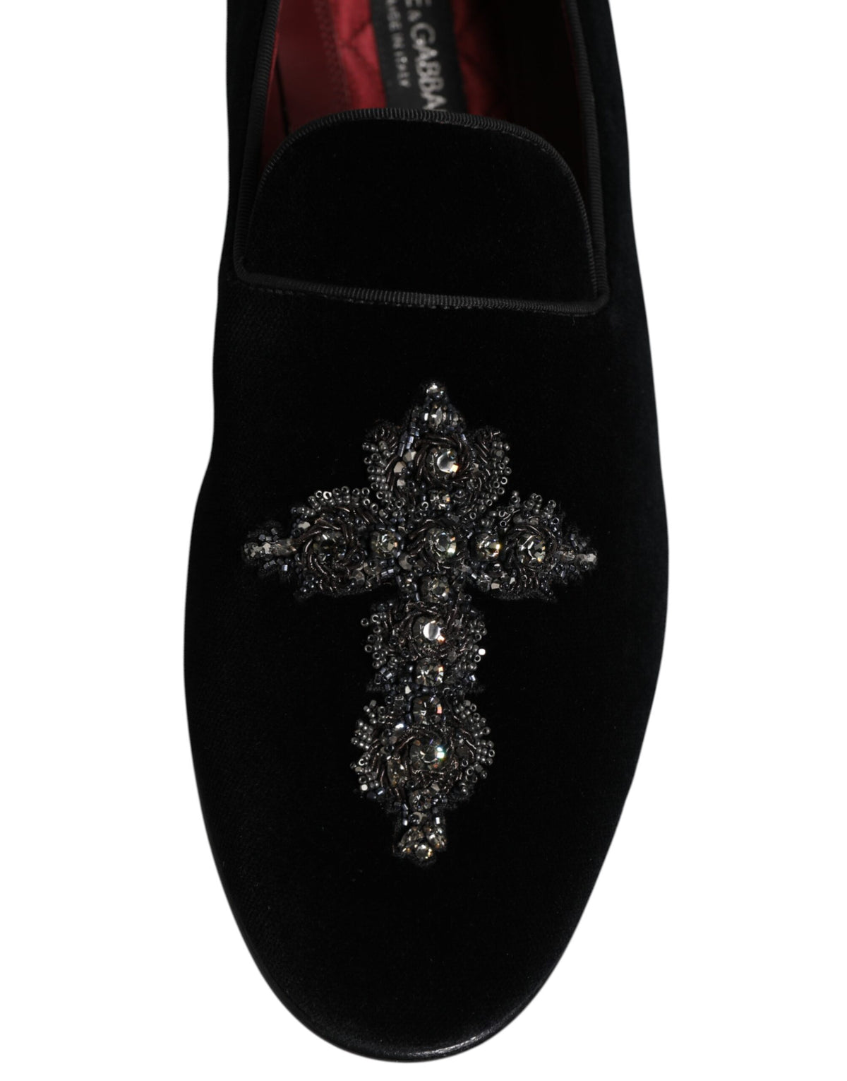 Dolce & Gabbana Schwarze Samt-Loafer mit Verzierungen zum Hineinschlüpfen