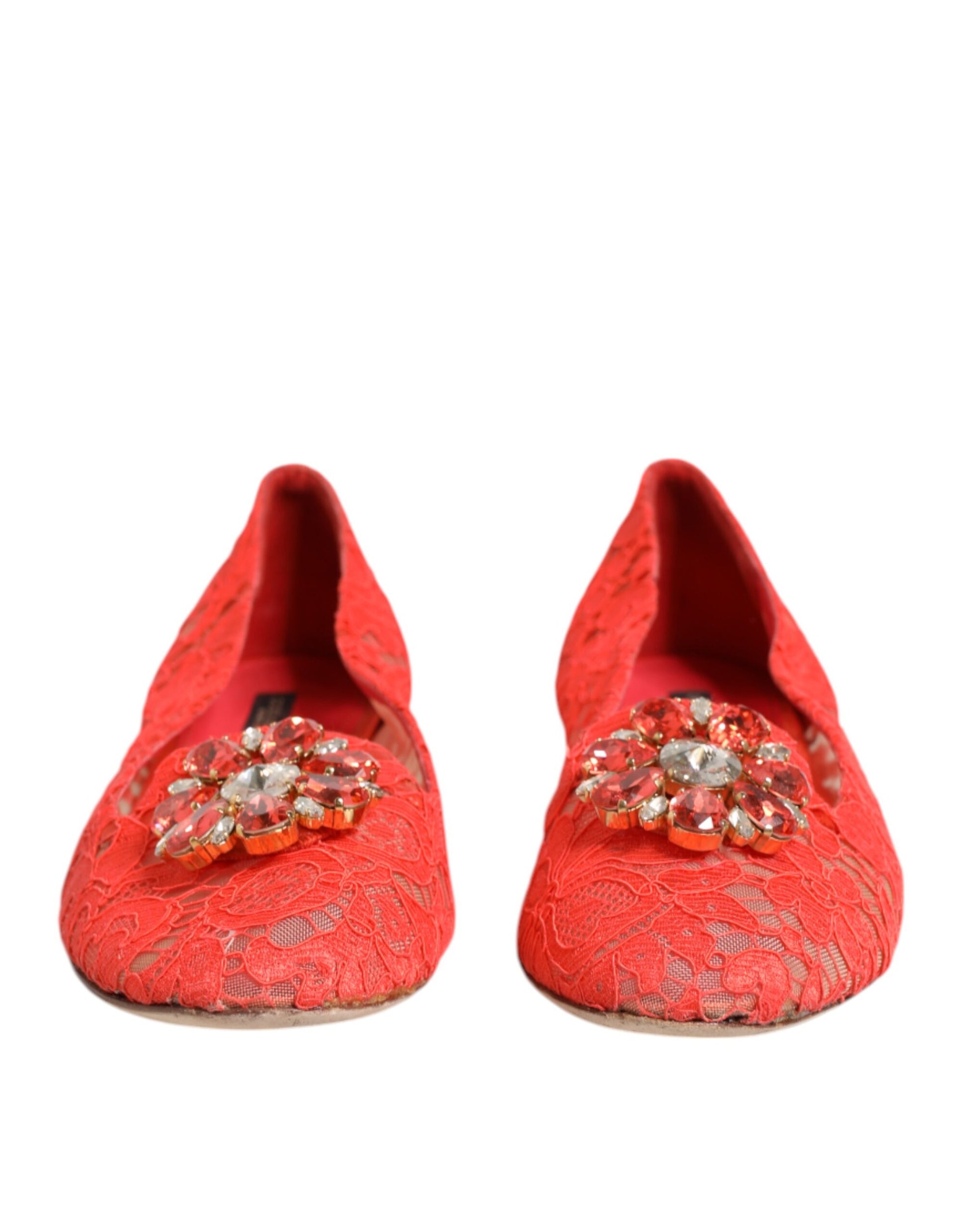 Dolce &amp; Gabbana Orange Spitze Kristall Ballerinas Loafer Schuhe