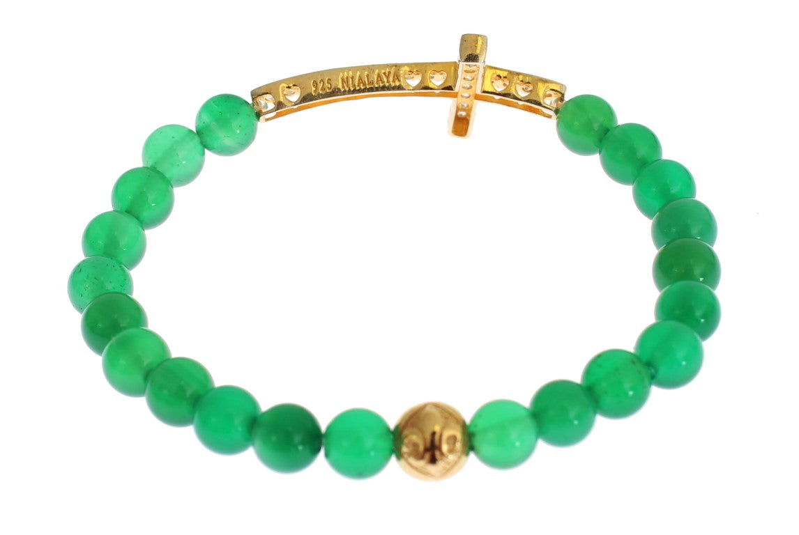 Bracelet Nialaya en argent 925, or, zirconium et pierre de jade, motif croix