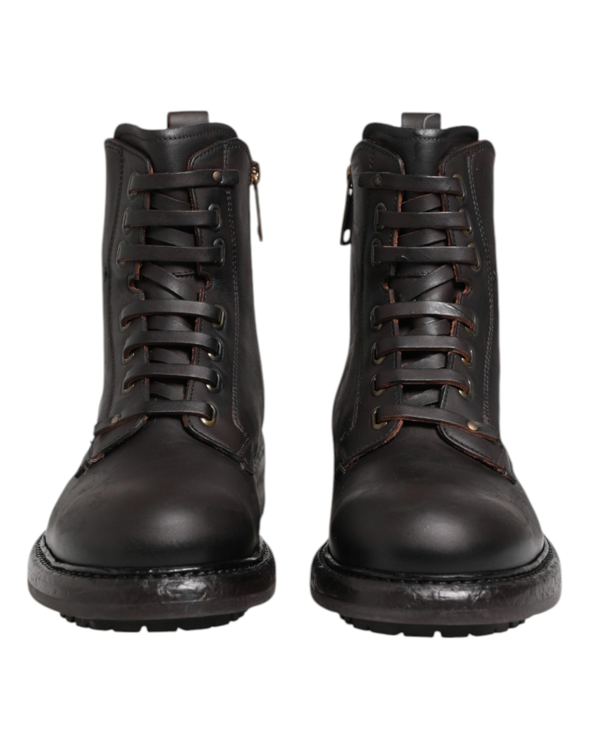 Bottes mi-mollet à lacets en cuir marron foncé Dolce & Gabbana