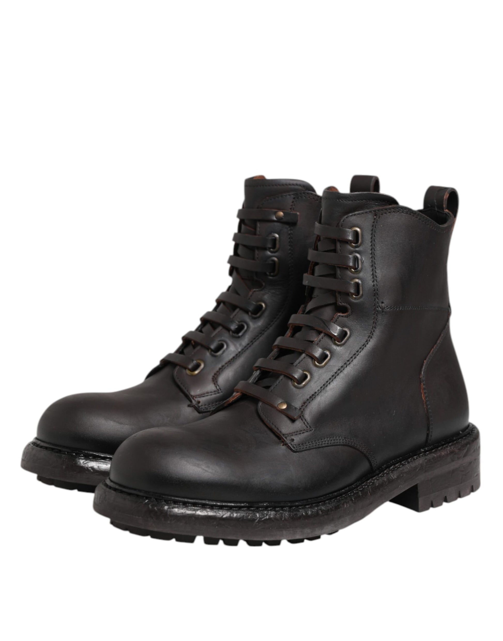 Bottes mi-mollet à lacets en cuir marron foncé Dolce & Gabbana