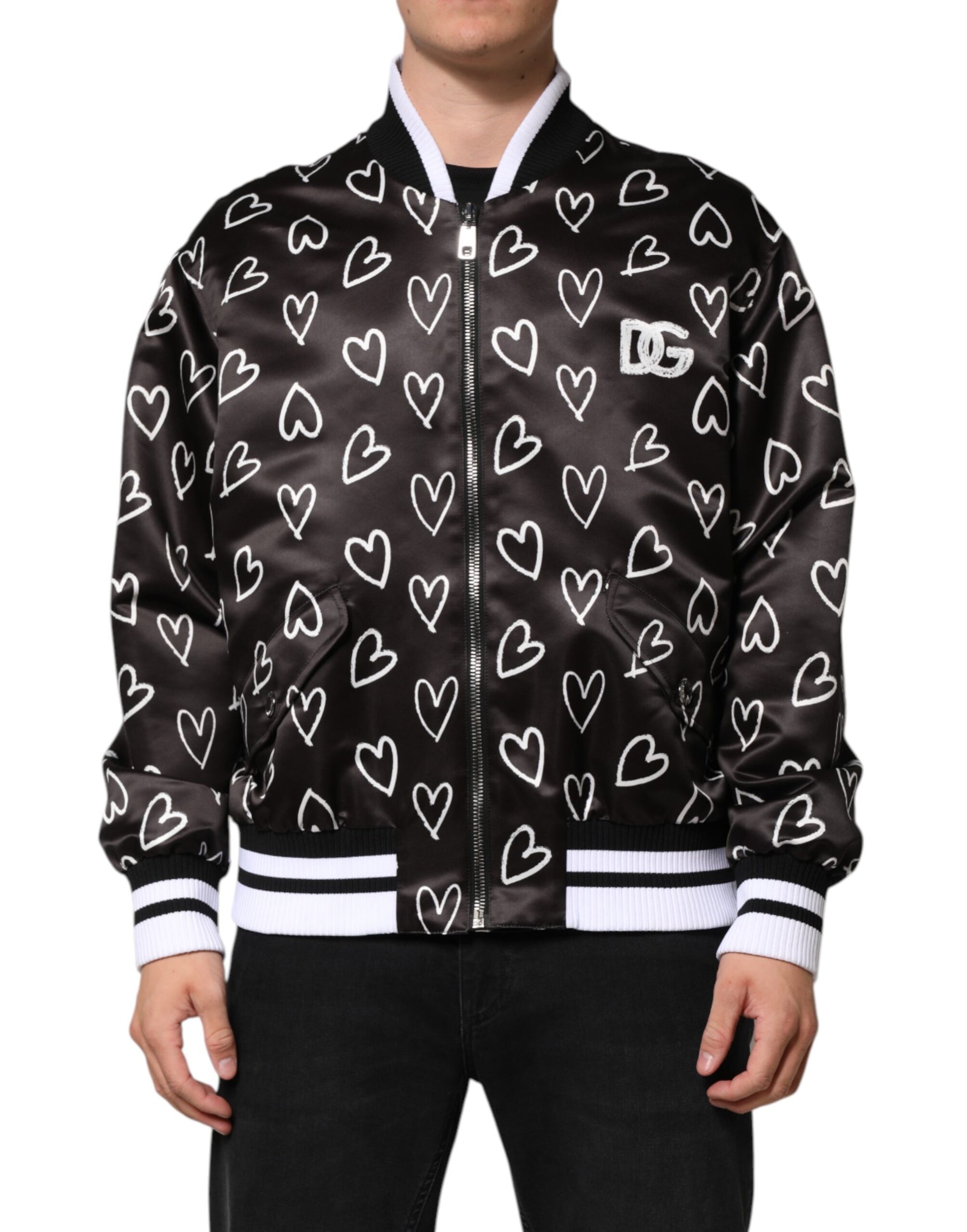 Blouson bomber Dolce & Gabbana en polyester noir imprimé cœur