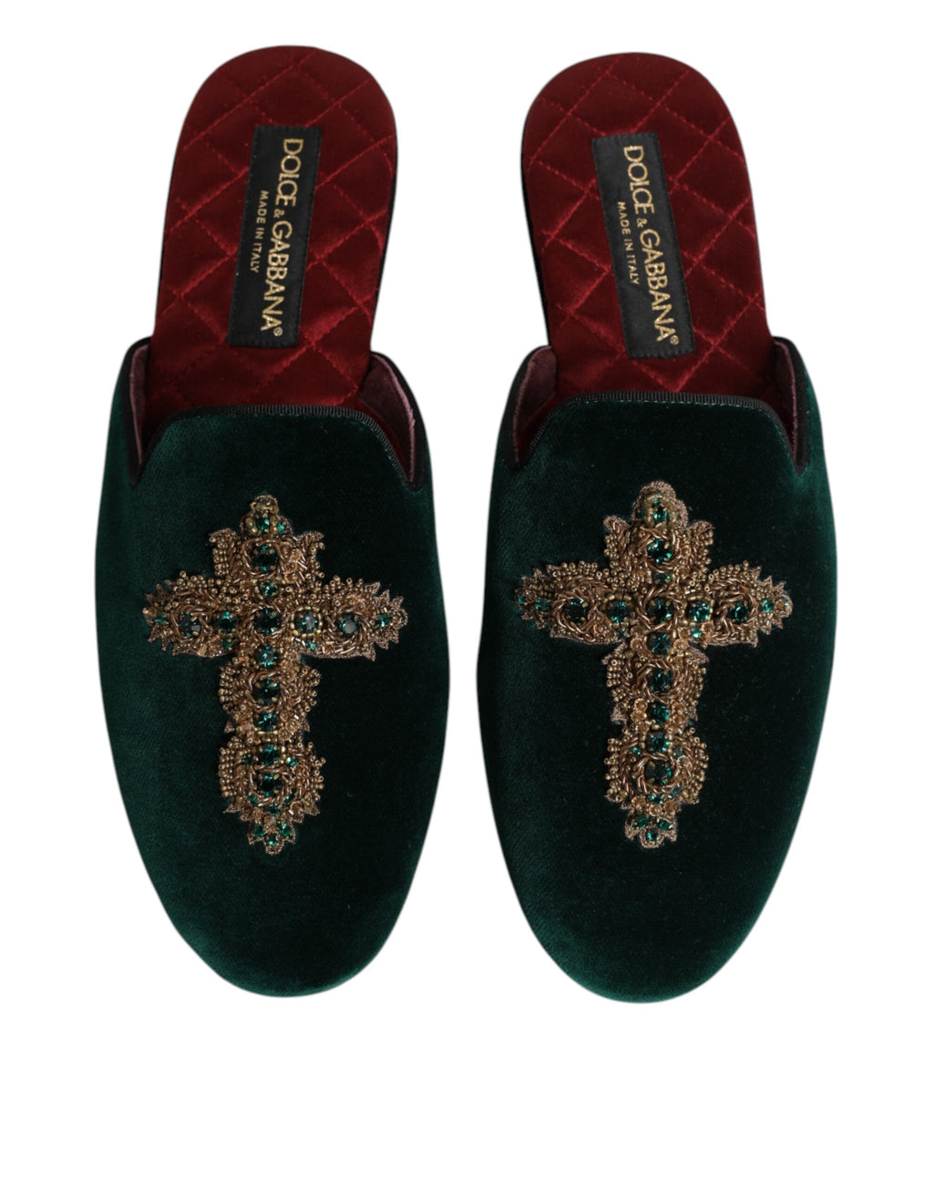 Chaussures mules en velours vert Dolce & Gabbana ornées d'une croix