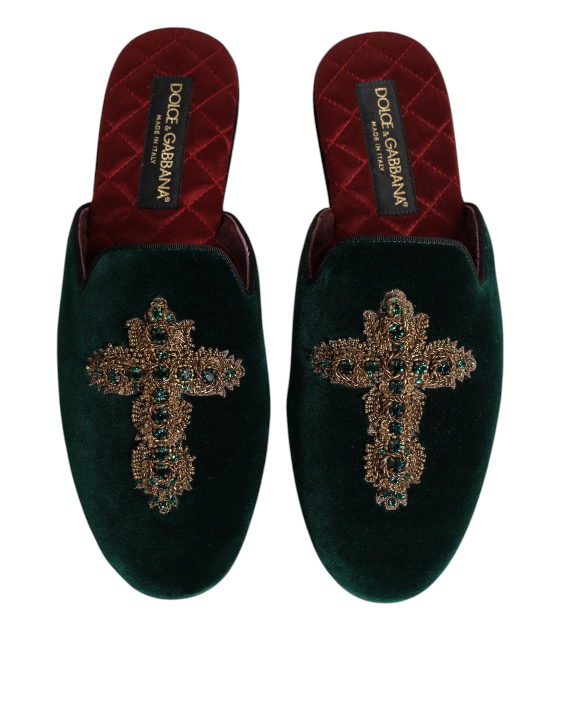 Dolce & Gabbana Green Velvet Cross Embellished Slippers Shoes