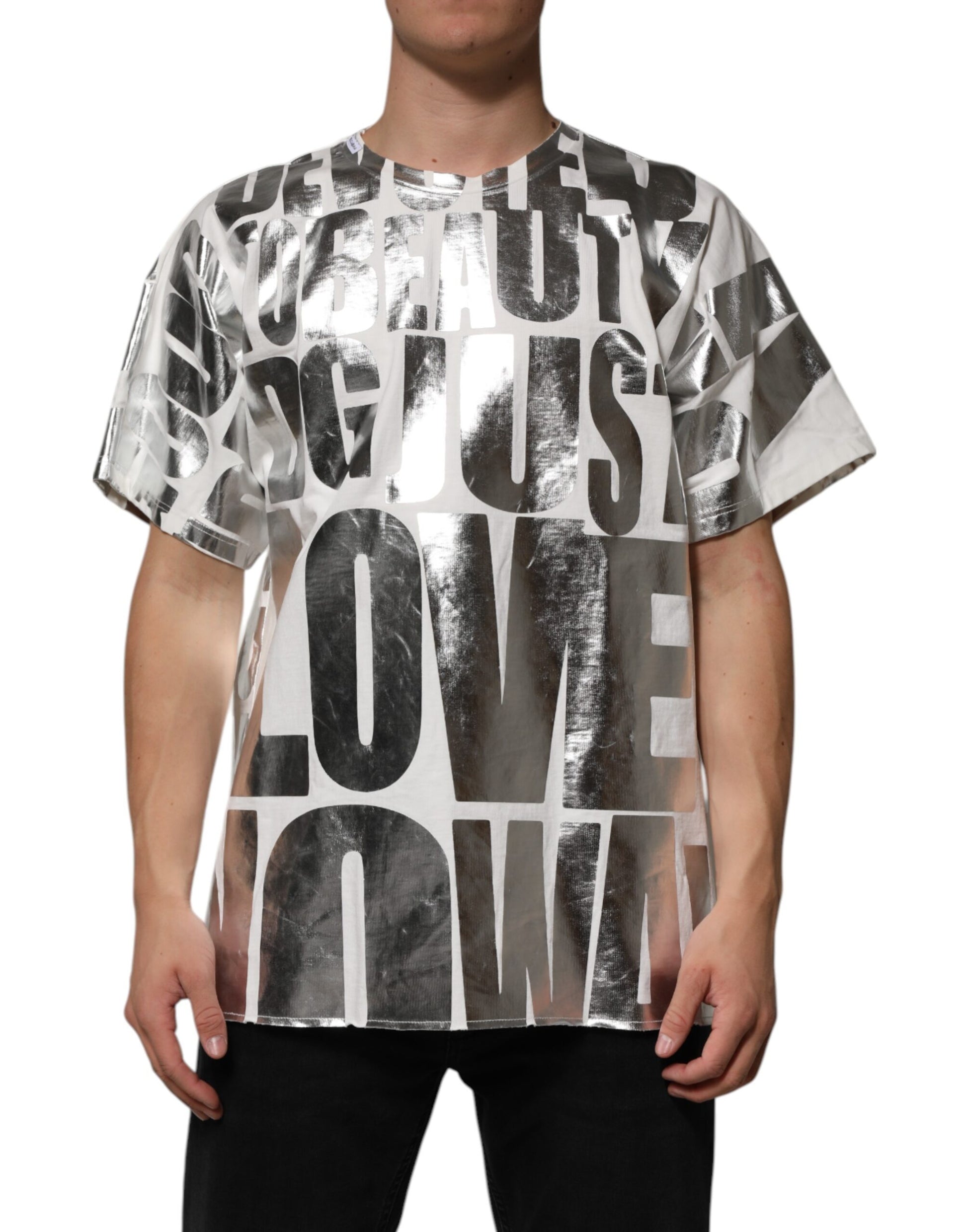 T-shirt Dolce & Gabbana en coton blanc avec inscription métallisée argentée