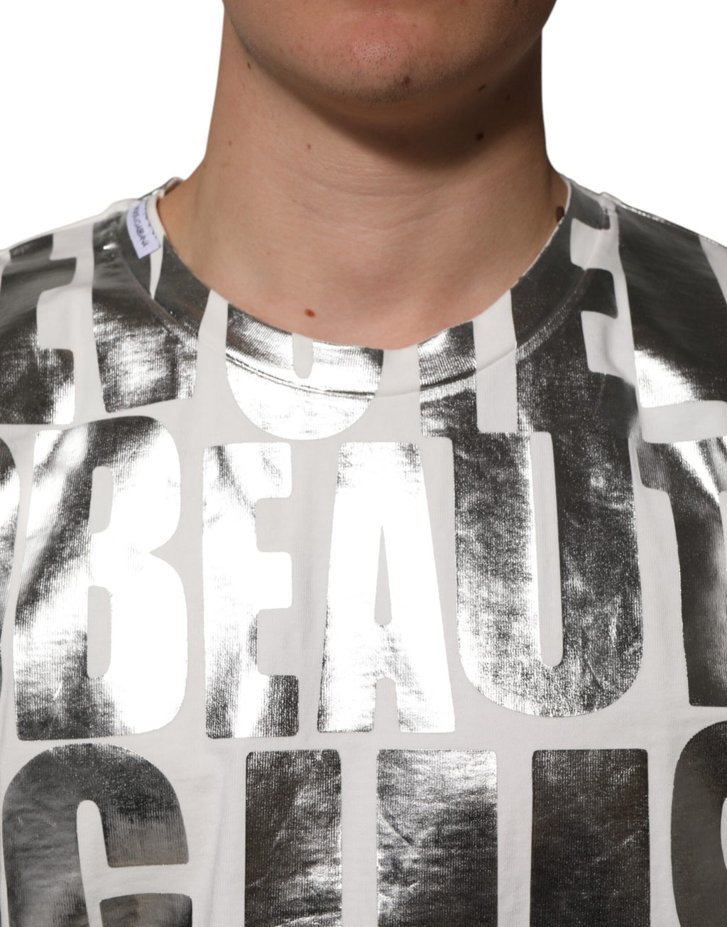 T-shirt Dolce & Gabbana en coton blanc avec inscription métallisée argentée