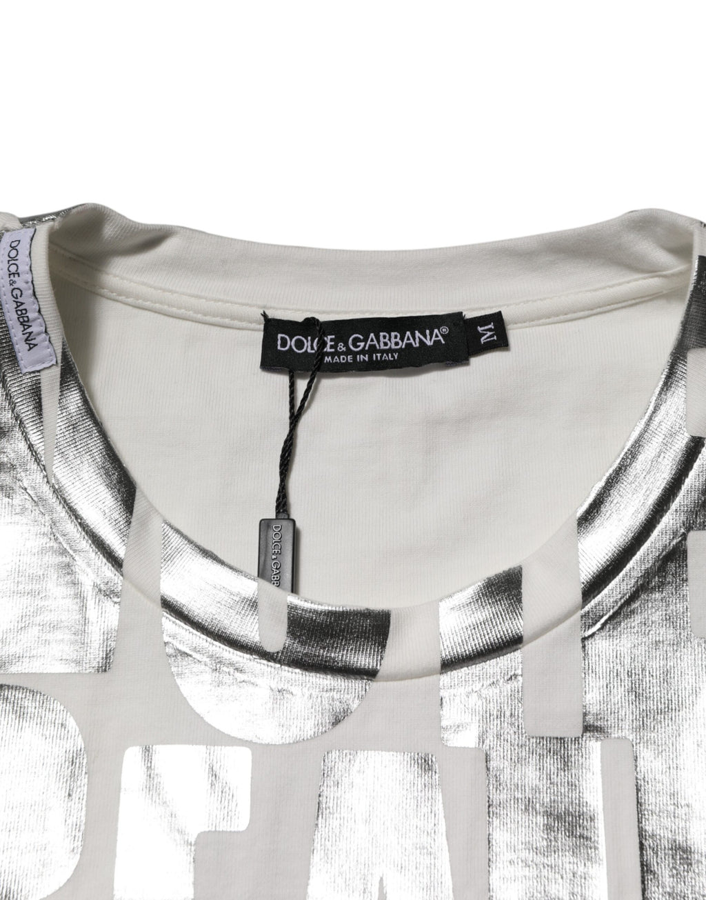 T-shirt Dolce & Gabbana en coton blanc avec inscription métallisée argentée