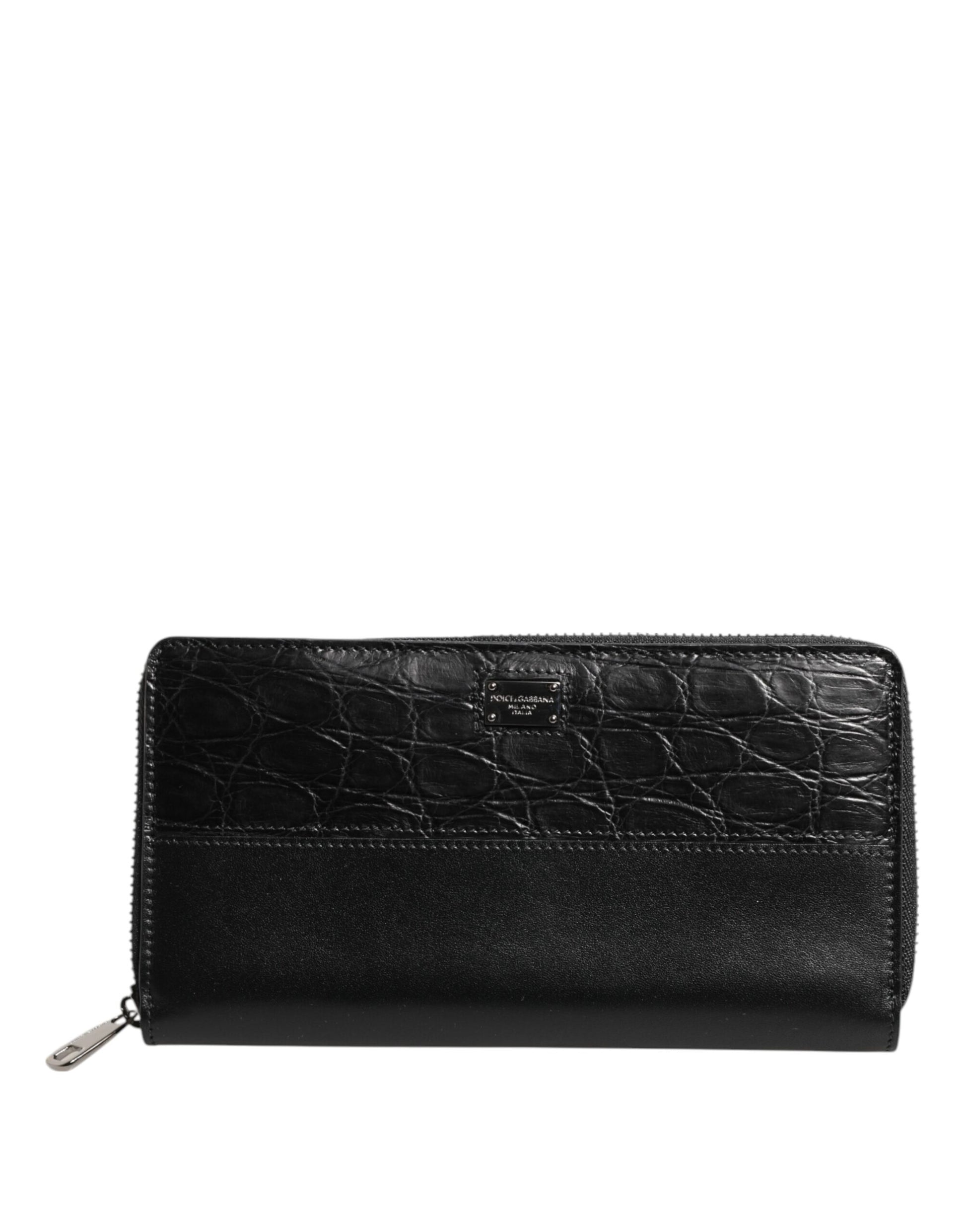Portefeuille continental zippé Dolce & Gabbana en cuir noir avec plaque DG