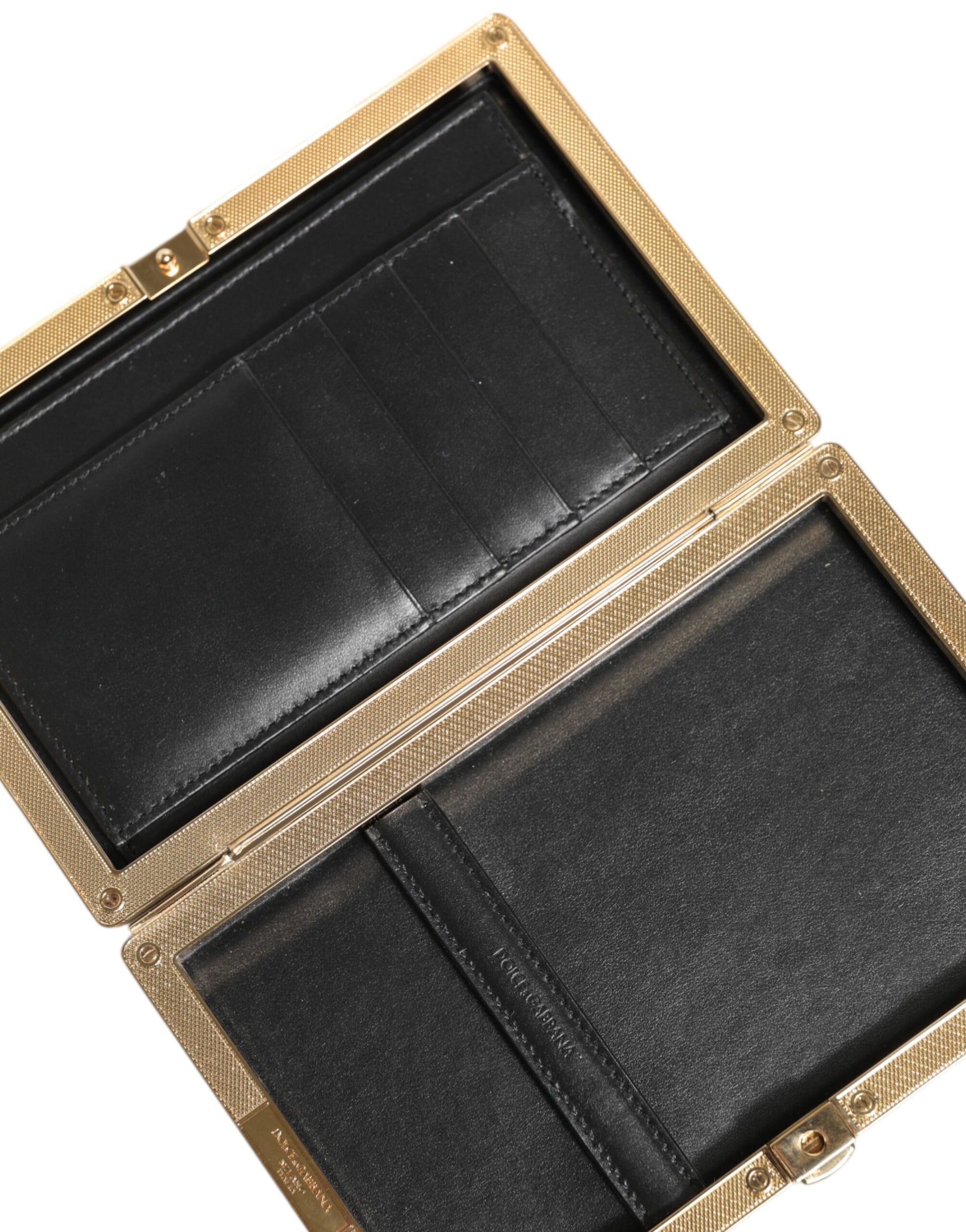 Dolce & Gabbana Black Leather Gold Frame Clutch Evening Party Purse Bag