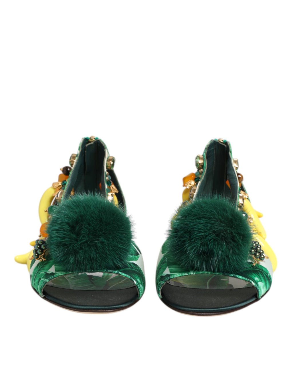 Sandales Dolce & Gabbana en satin vert et fourrure de vison à feuilles de bananier