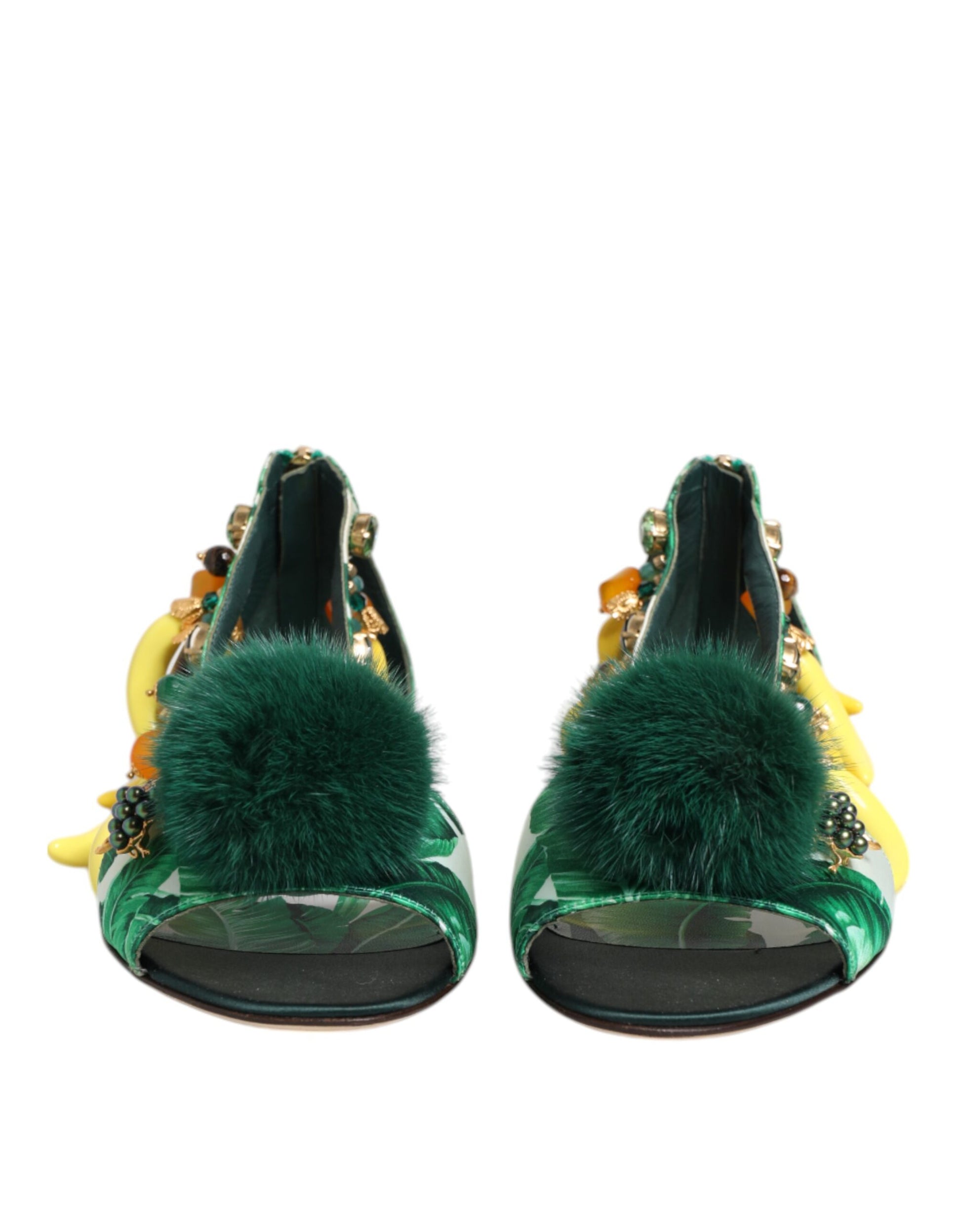 Sandales Dolce & Gabbana en satin vert et fourrure de vison à feuilles de bananier