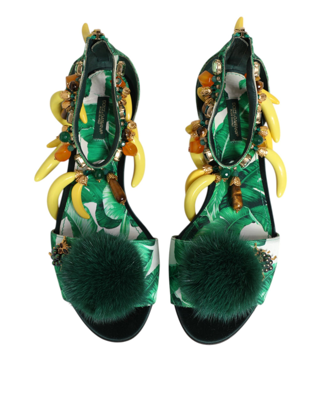 Sandales Dolce & Gabbana en satin vert et fourrure de vison à feuilles de bananier