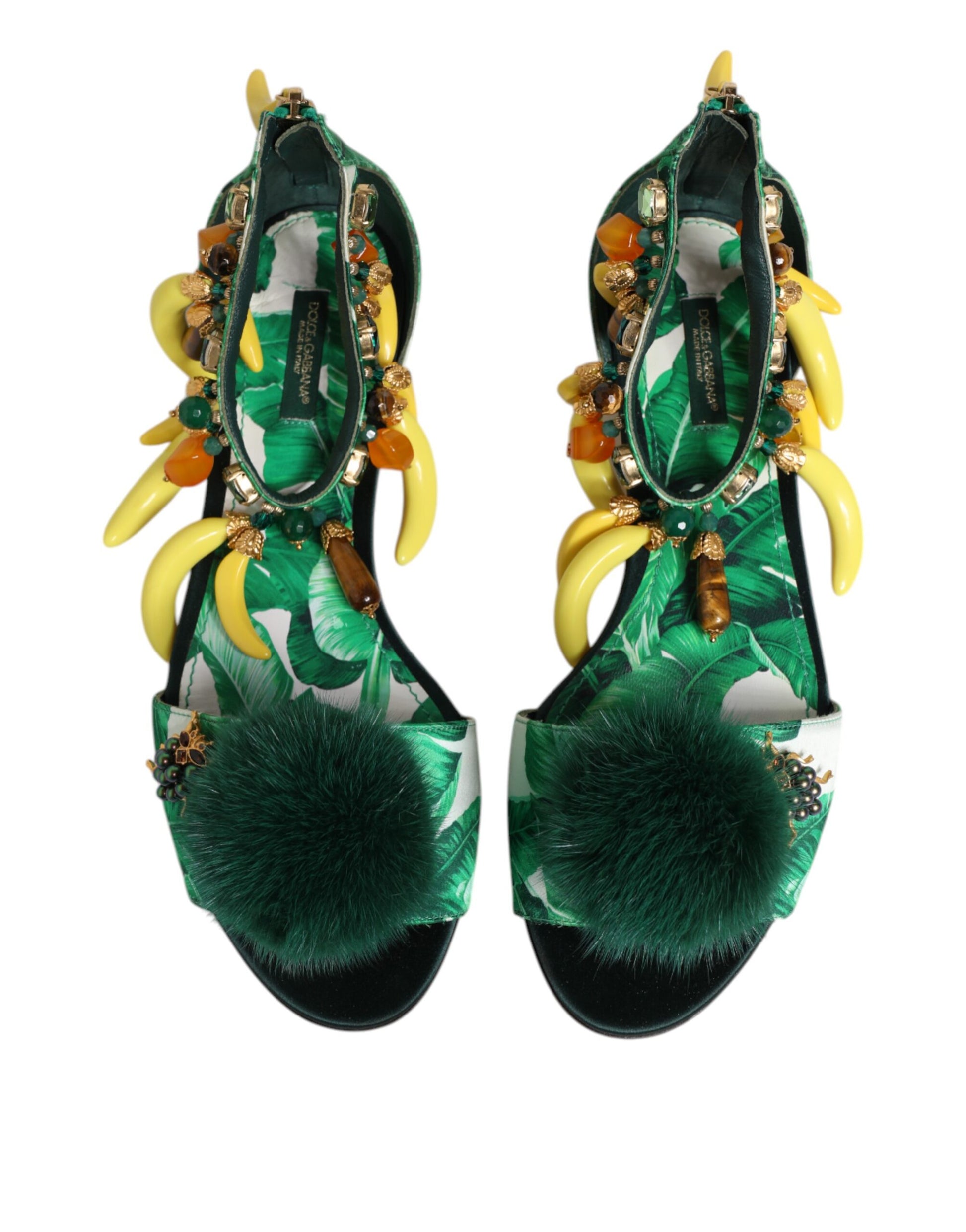 Sandales Dolce & Gabbana en satin vert et fourrure de vison à feuilles de bananier