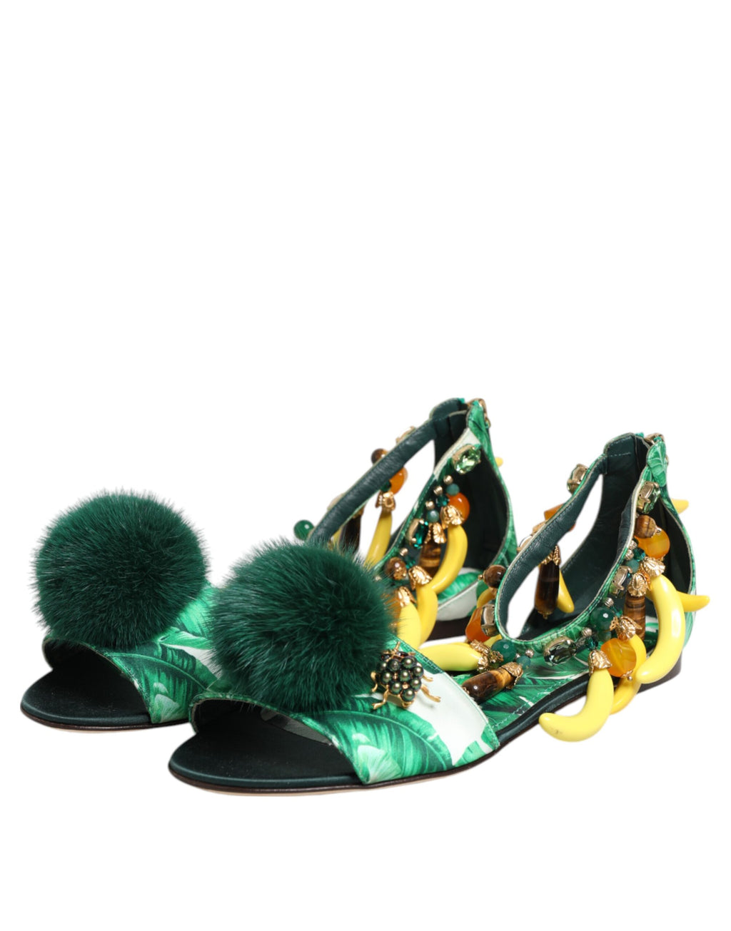 Sandales Dolce & Gabbana en satin vert et fourrure de vison à feuilles de bananier