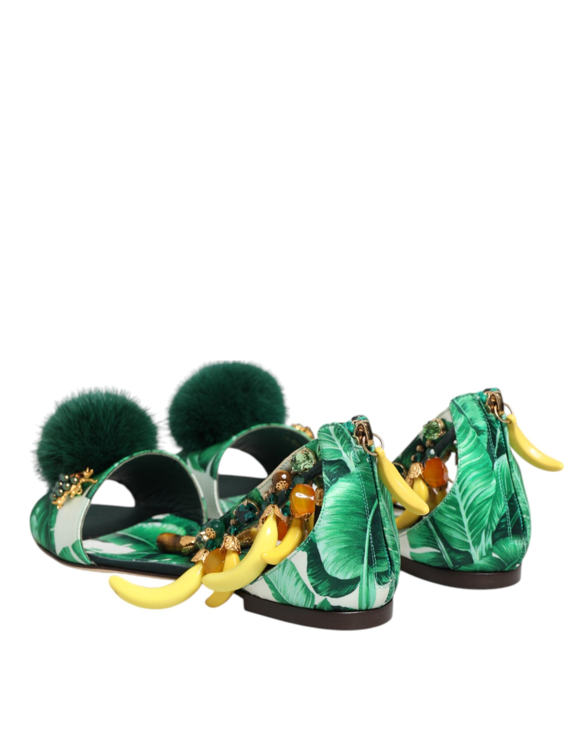 Sandales Dolce & Gabbana en satin vert et fourrure de vison à feuilles de bananier