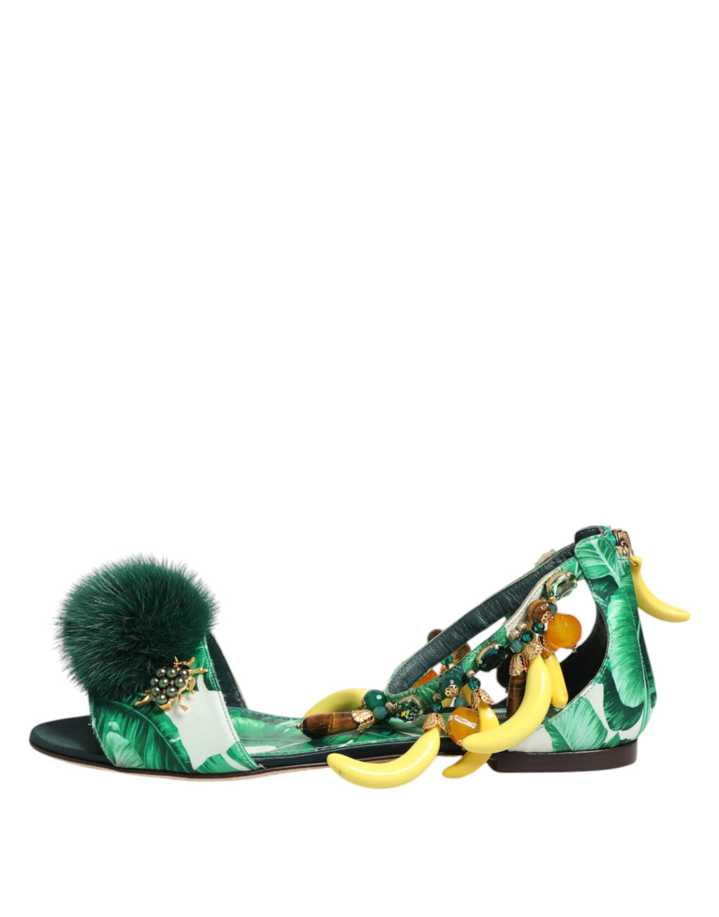 Sandales Dolce & Gabbana en satin vert et fourrure de vison à feuilles de bananier