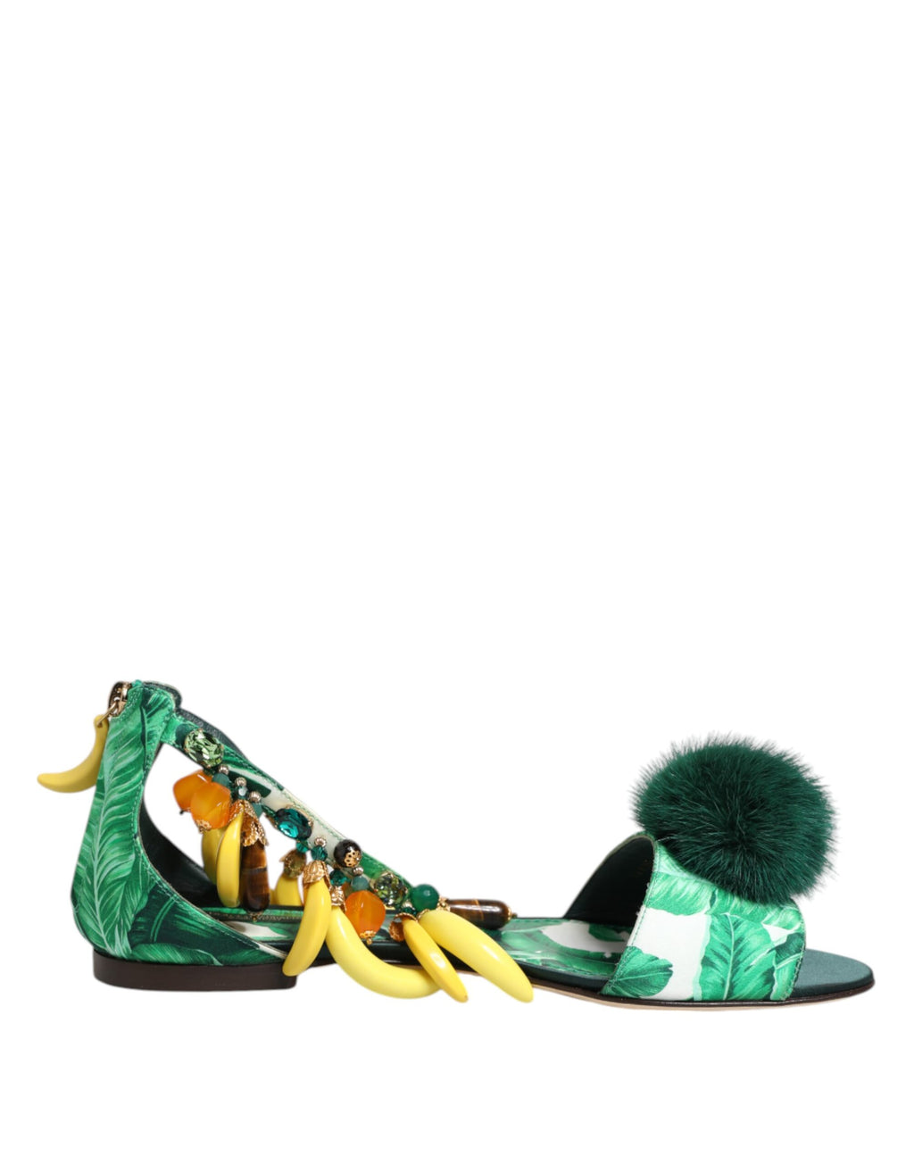 Sandales Dolce & Gabbana en satin vert et fourrure de vison à feuilles de bananier