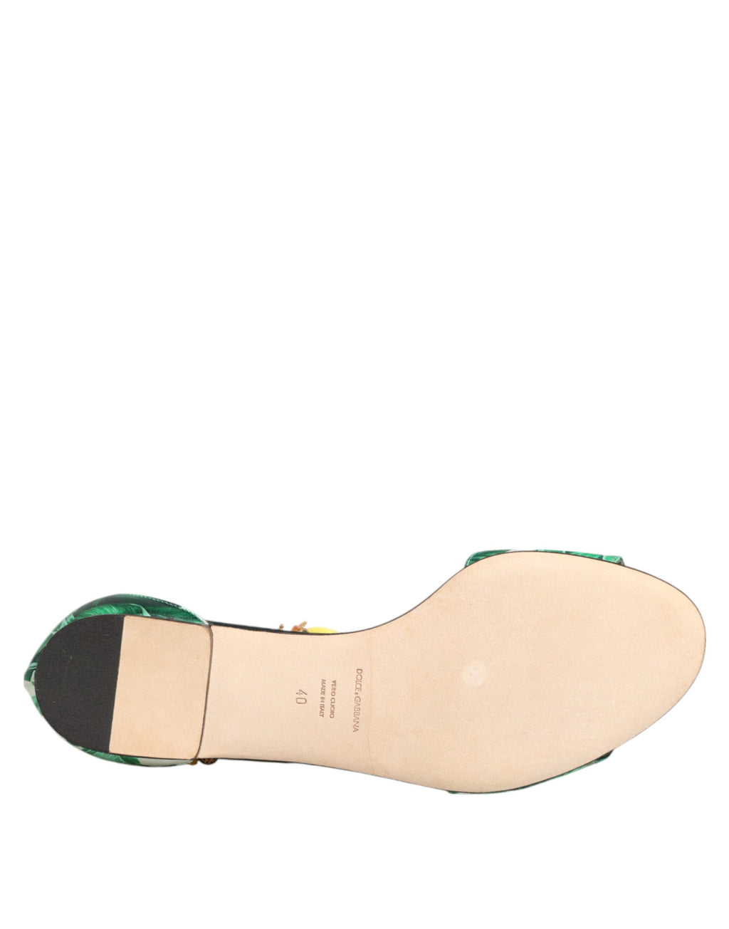 Sandales Dolce & Gabbana en satin vert et fourrure de vison à feuilles de bananier