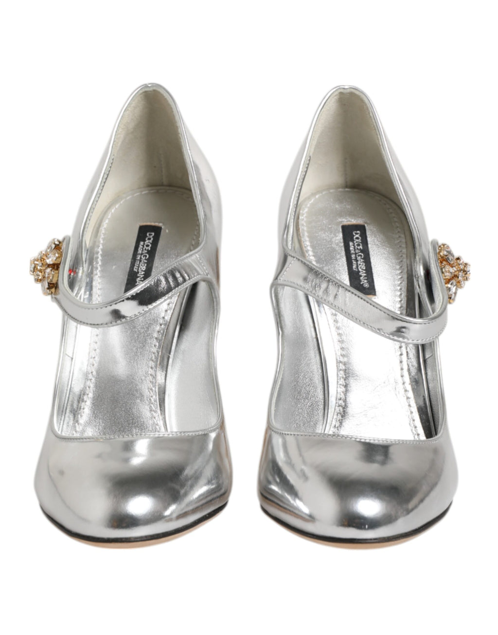Dolce &amp; Gabbana – Silberne Mary-Jane-Pumps mit geformtem Absatz und Chandelier-Absatz