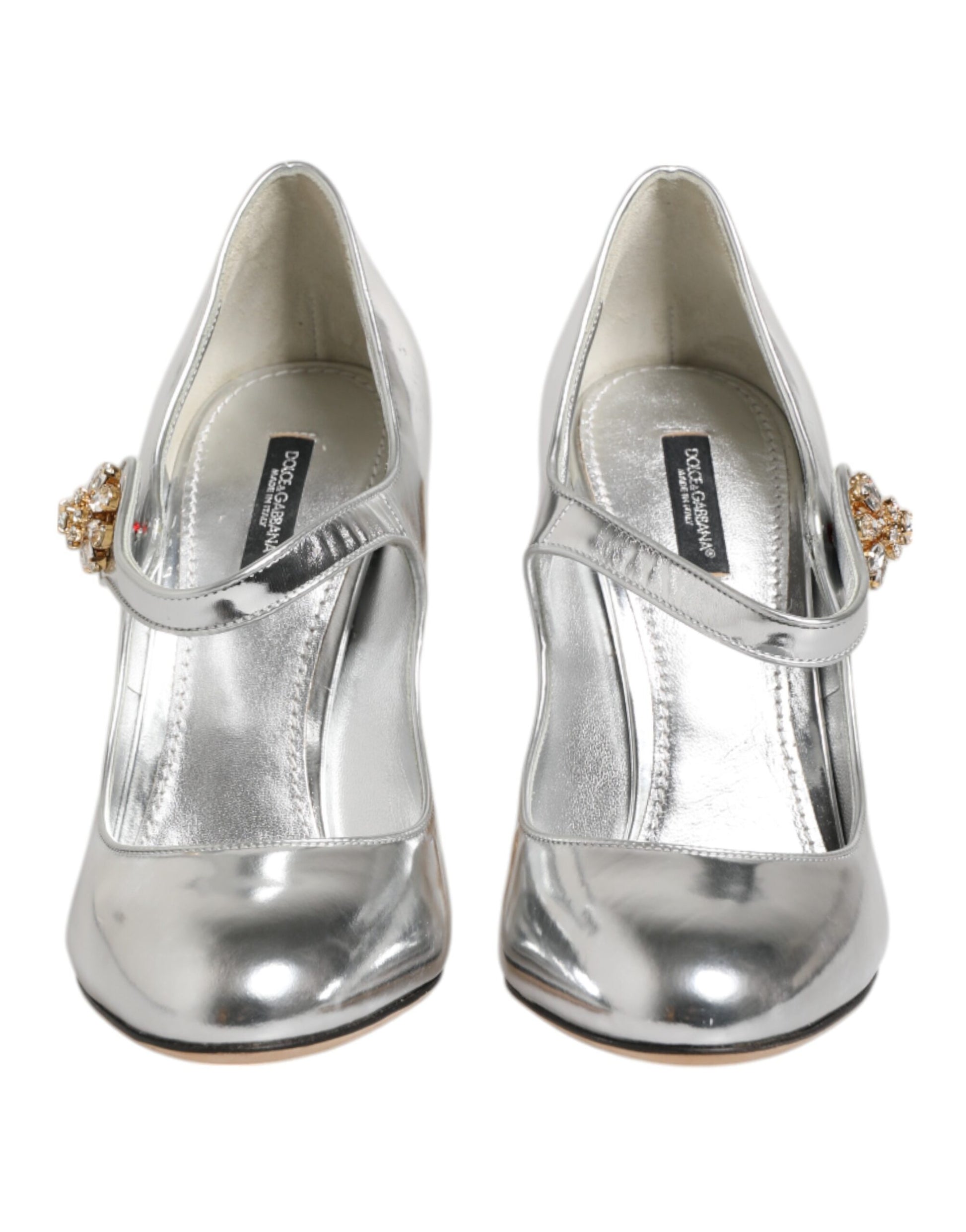 Dolce &amp; Gabbana – Silberne Mary-Jane-Pumps mit geformtem Absatz und Chandelier-Absatz