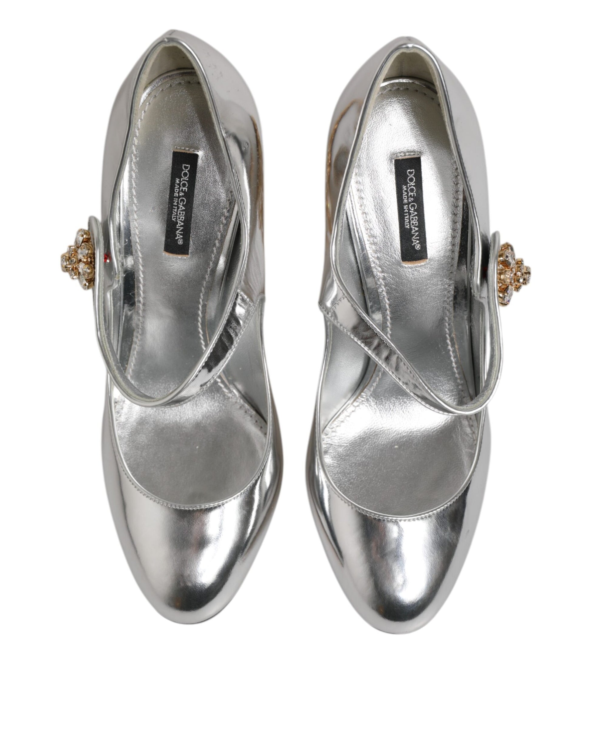 Dolce &amp; Gabbana – Silberne Mary-Jane-Pumps mit geformtem Absatz und Chandelier-Absatz