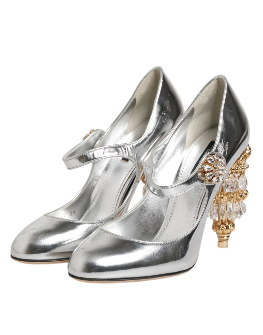 Dolce &amp; Gabbana – Silberne Mary-Jane-Pumps mit geformtem Absatz und Chandelier-Absatz