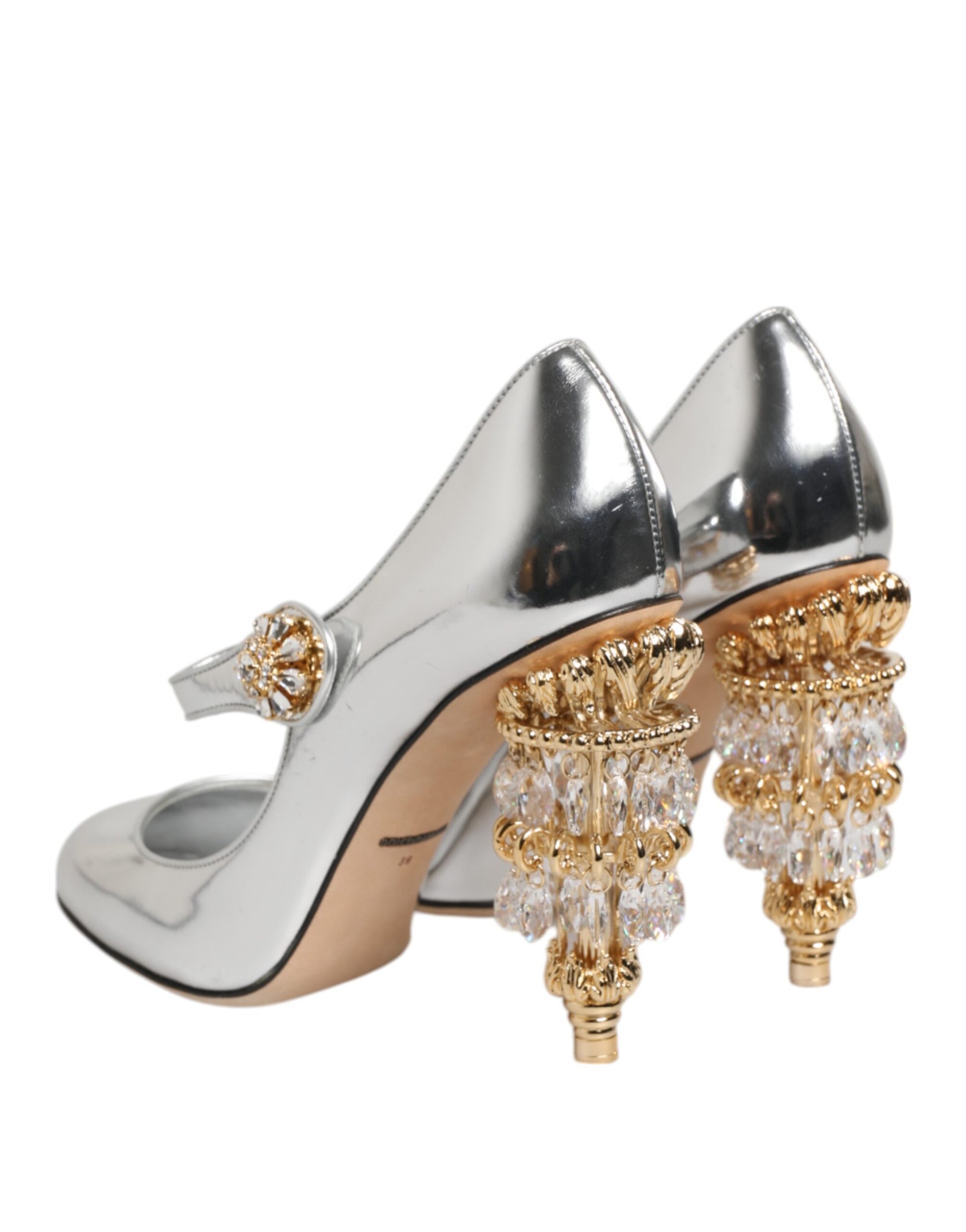 Dolce &amp; Gabbana – Silberne Mary-Jane-Pumps mit geformtem Absatz und Chandelier-Absatz