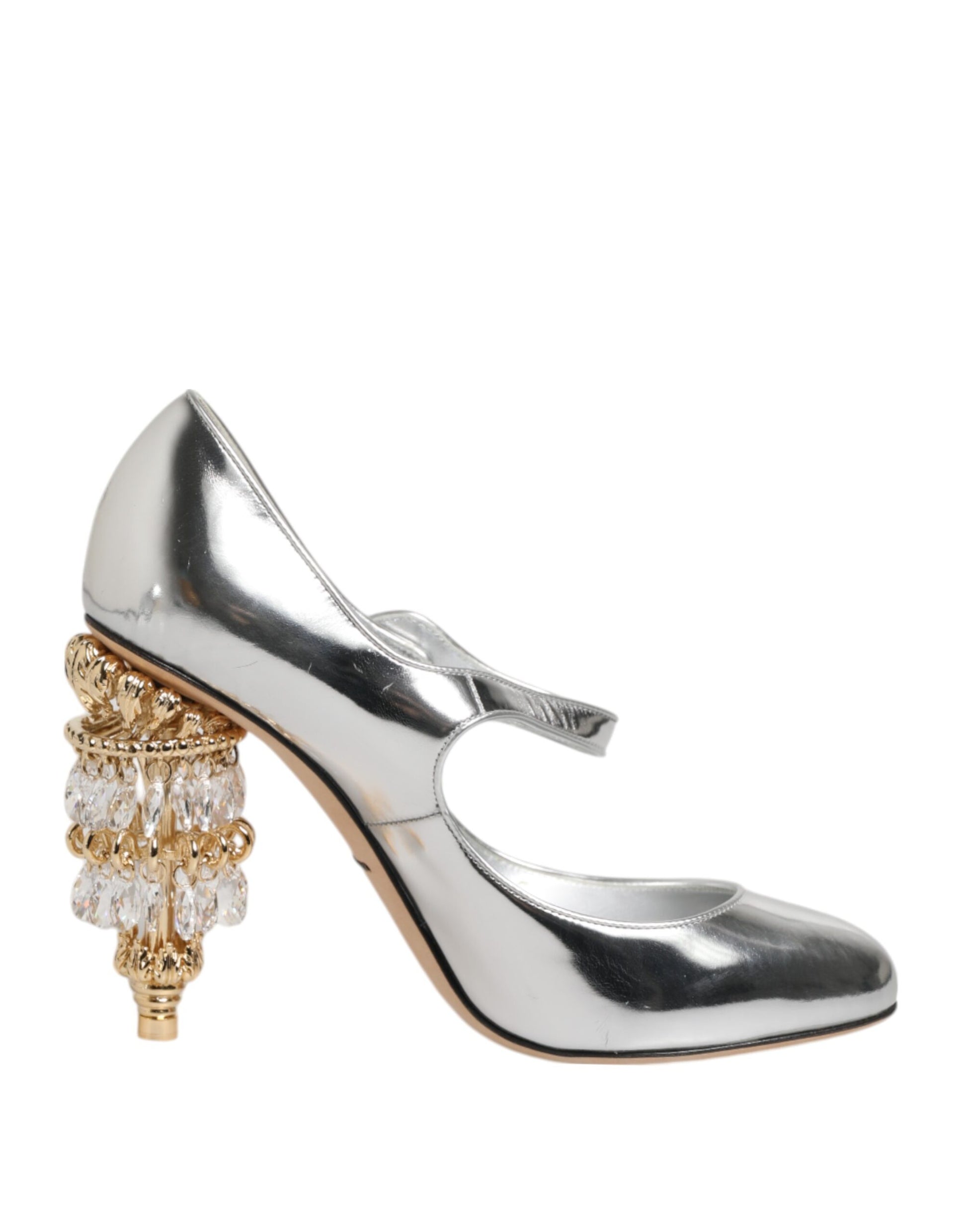 Dolce &amp; Gabbana – Silberne Mary-Jane-Pumps mit geformtem Absatz und Chandelier-Absatz