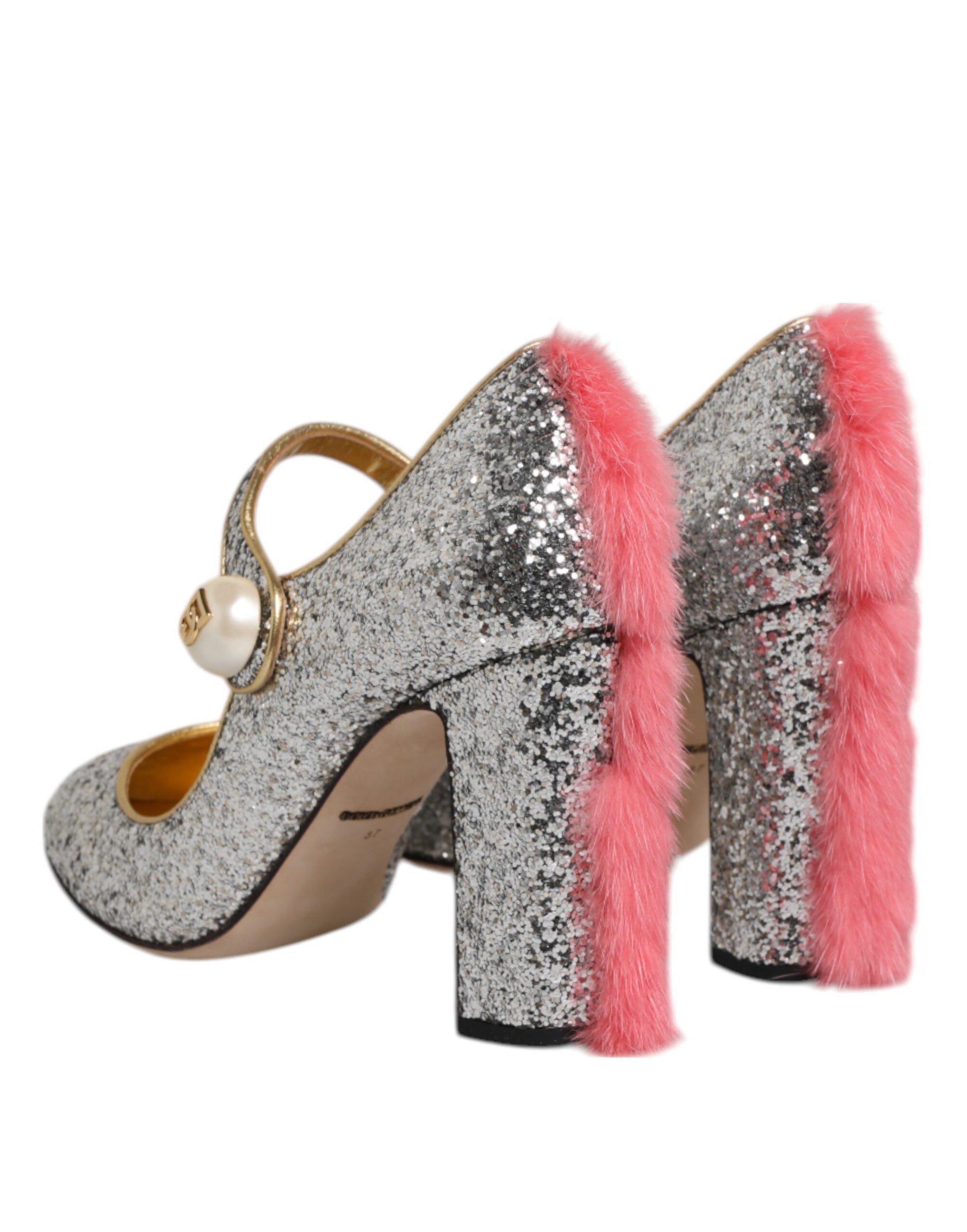 Dolce &amp; Gabbana Silber Glitzer Nerz Pelz VALLY Pumps Schuhe
