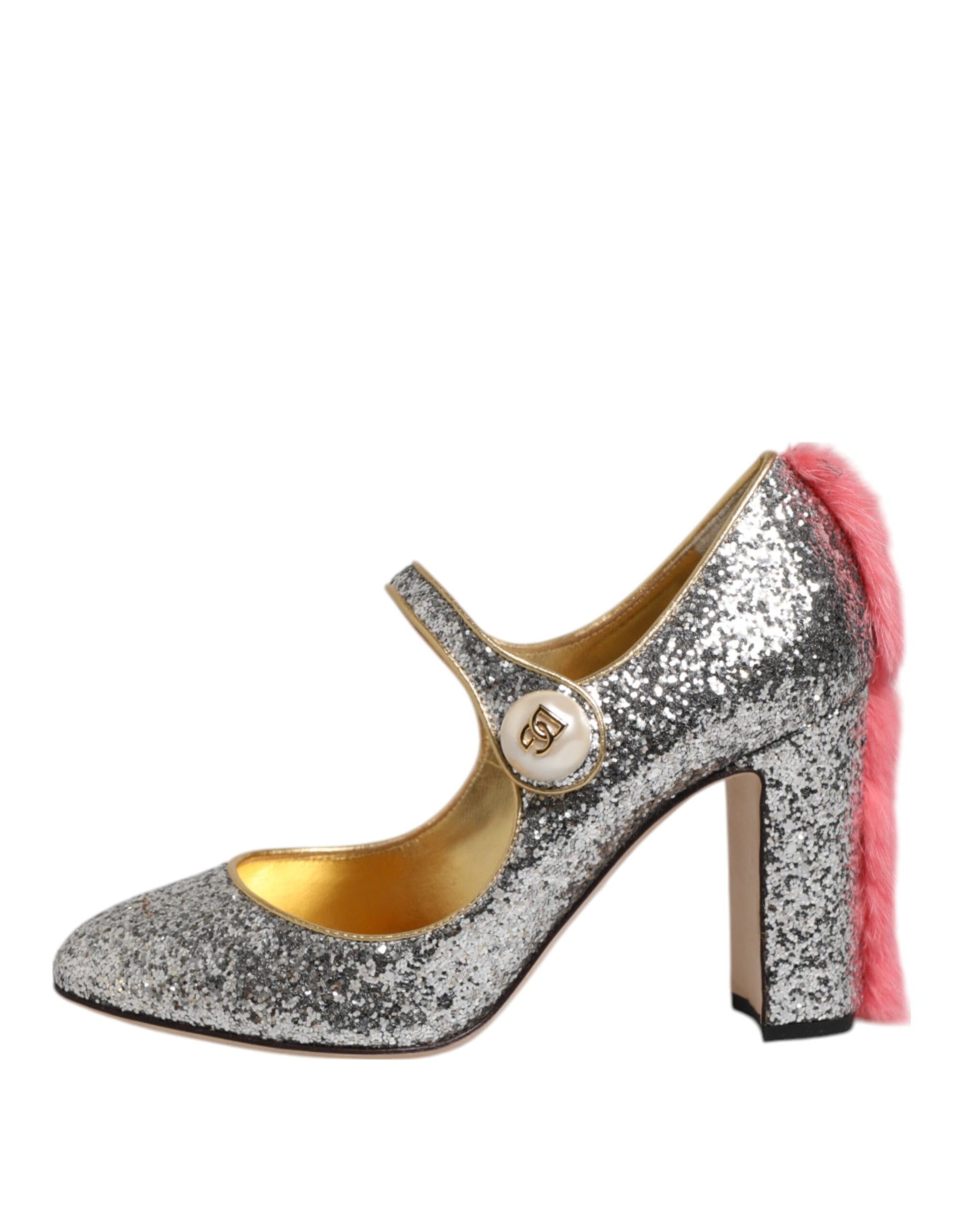 Dolce &amp; Gabbana Silber Glitzer Nerz Pelz VALLY Pumps Schuhe